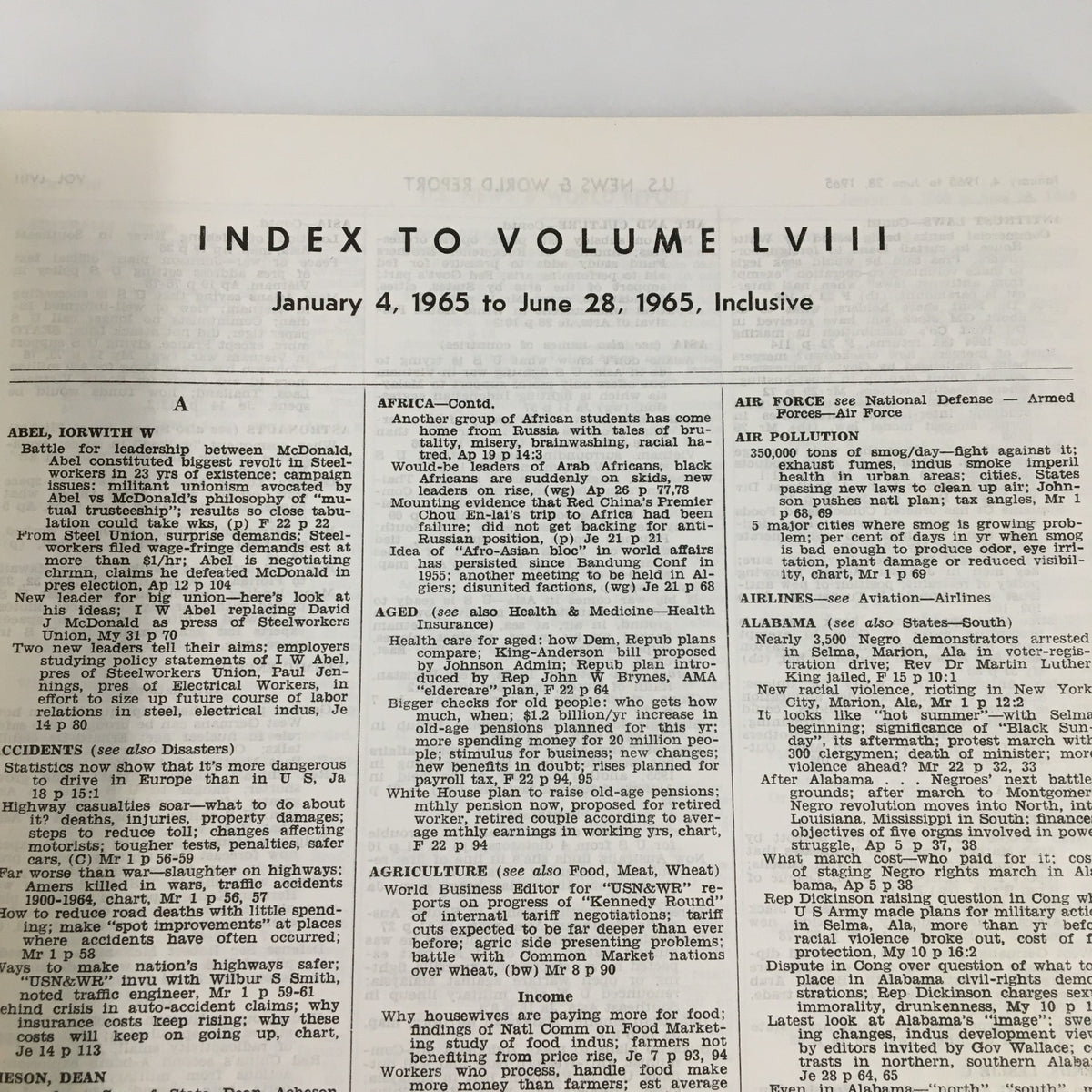 Detailed page from US News & World Report Magazine January 4, 1965, containing the index to Volume LVIII, with articles covering various topics from January to June 1965.