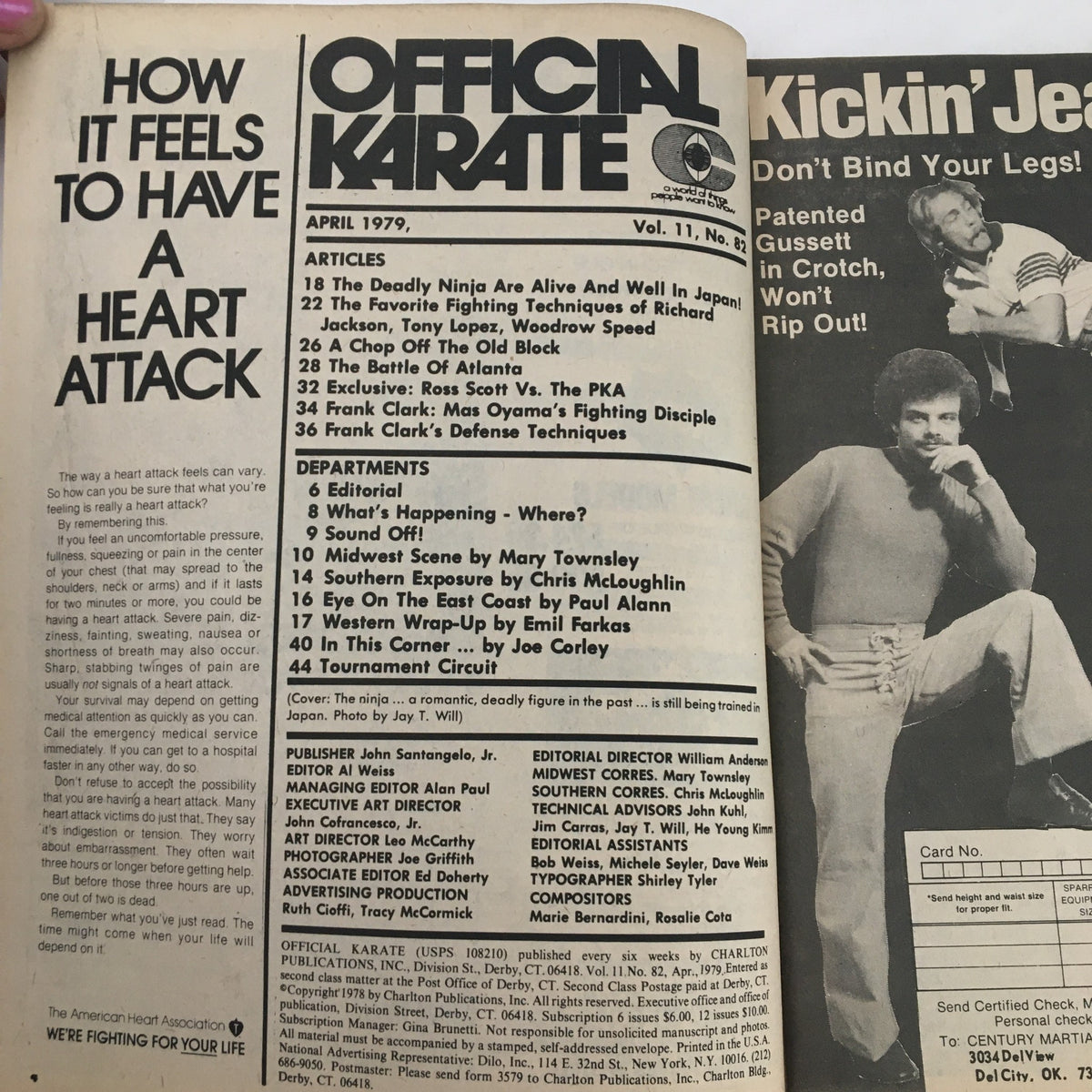 Inside page of Official Karate Magazine April 1979, Volume 11, Issue #82, listing articles including 'The Deadly Ninja Are Alive and Well in Japan!' and featuring various martial arts topics and visuals.