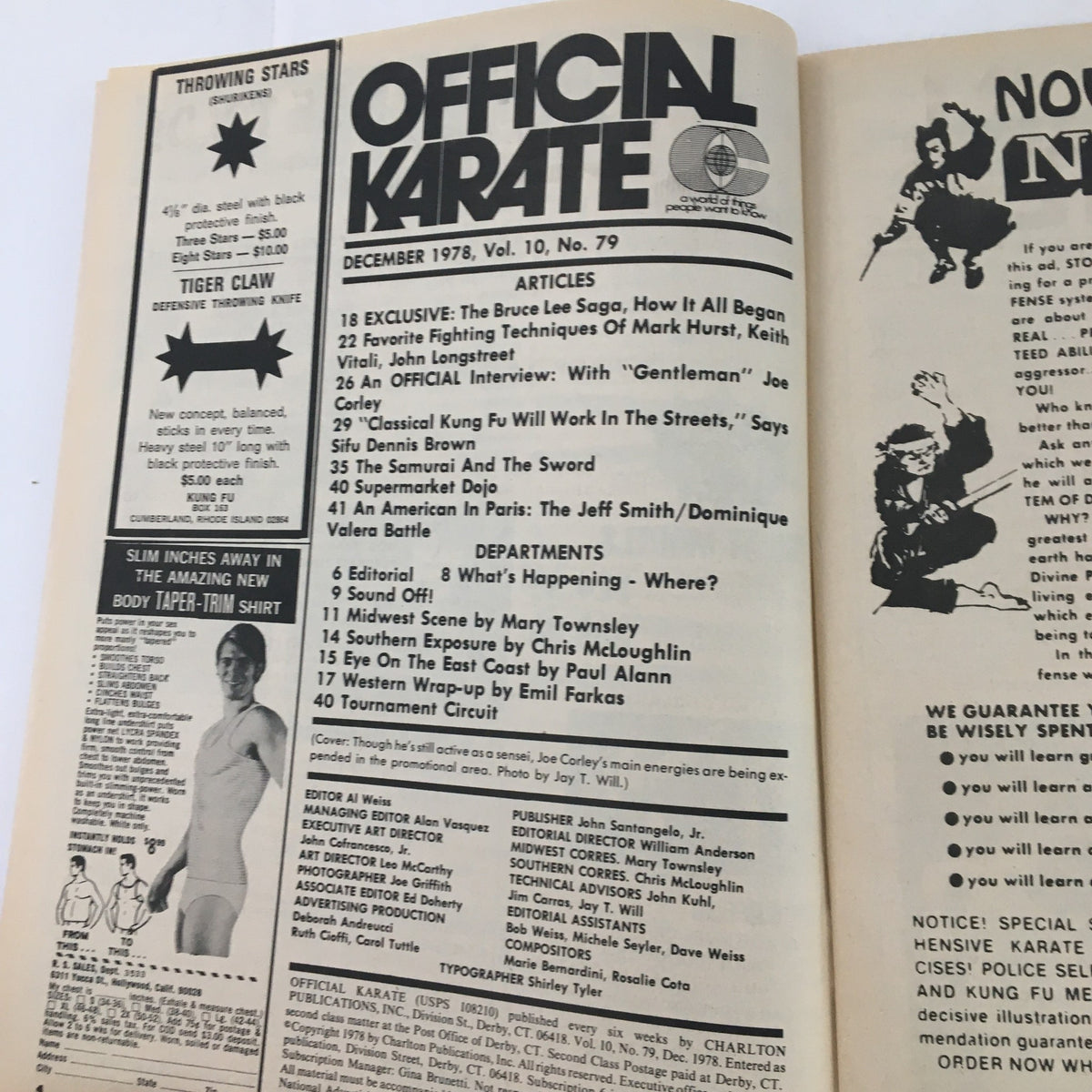 Inside page of Official Karate Magazine December 1978 Vol 10 #79 showcasing articles including 'The Bruce Lee Saga' and an interview with Joe Corley.