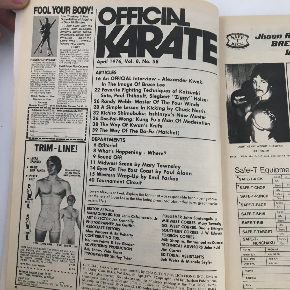 Inside page of Official Karate Magazine April 1976 Vol 8 #58 showcasing articles and features including an interview with Alexander Kwok.