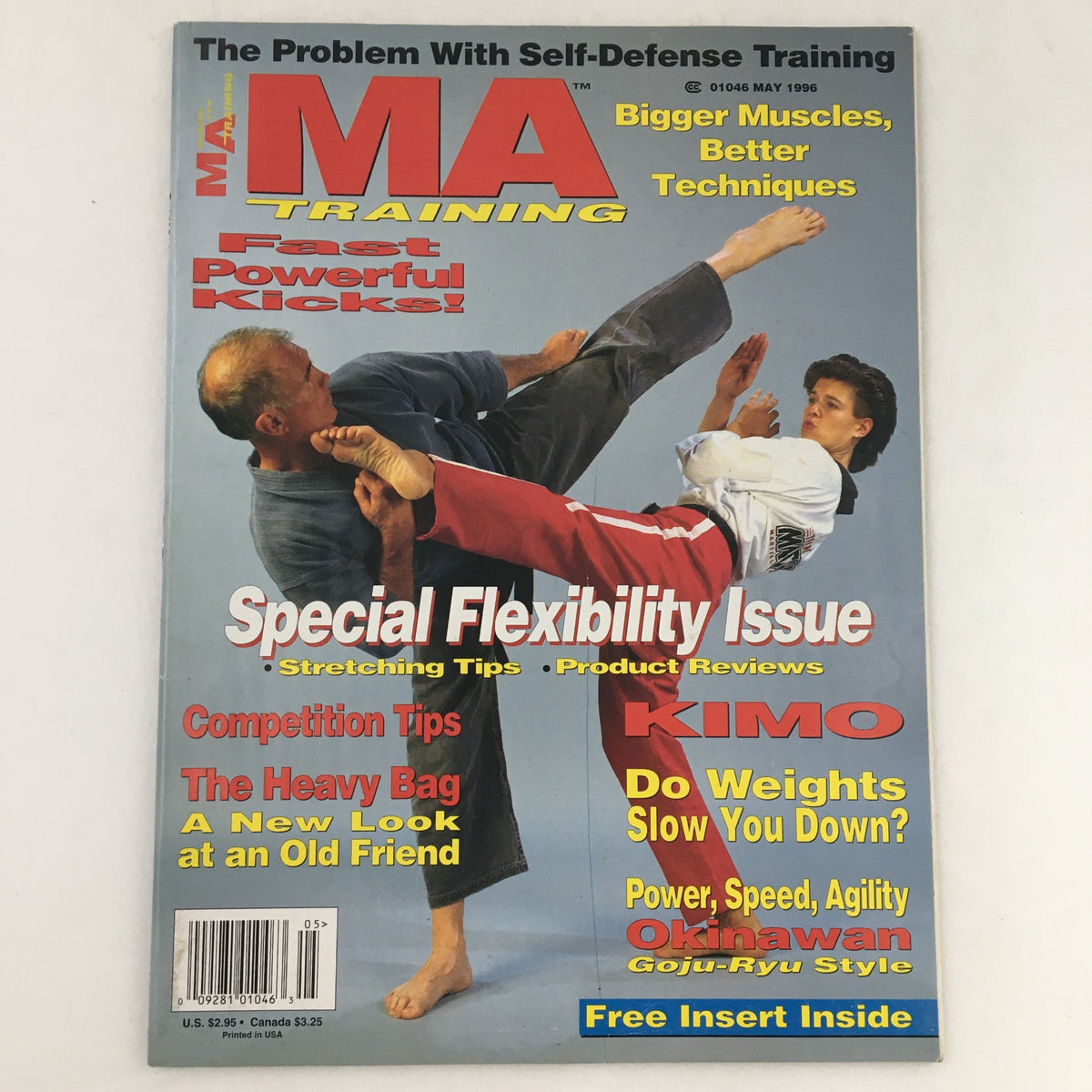 Cover of M.A. Training Magazine May 1996 featuring martial arts techniques, highlighting fast powerful kicks, and featuring articles on self-defense training and flexibility.