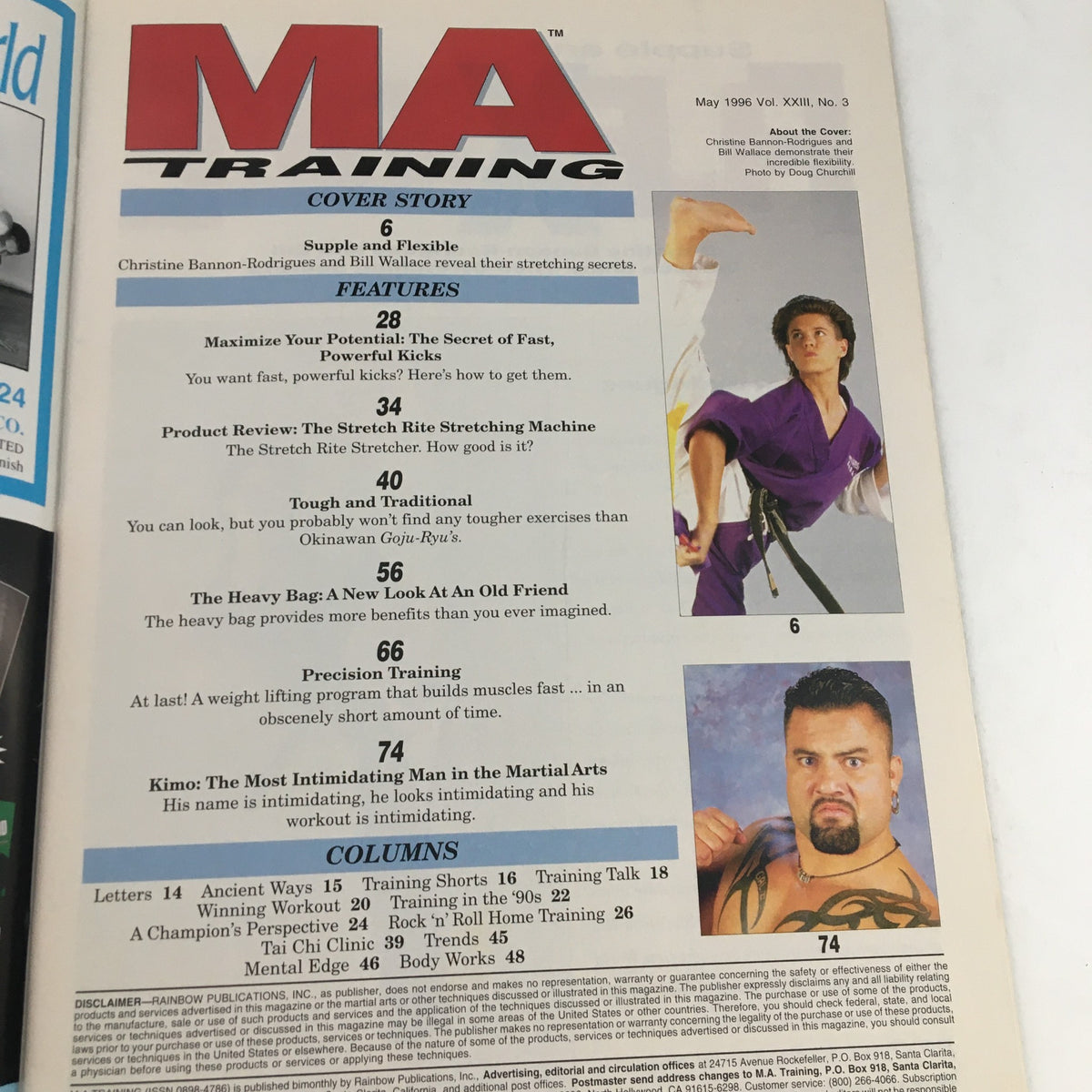 Interior page of M.A. Training Magazine May 1996 showing cover story and featured articles by Christine Barron-Rodrigues and Bill Wallace, focusing on martial arts techniques and training.