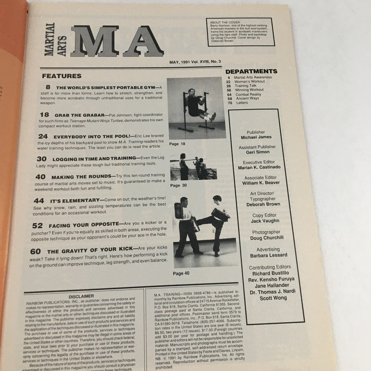 Contents page of Martial Arts Training Magazine May 1991 Vol 18 #3, listing features and departments related to martial arts.
