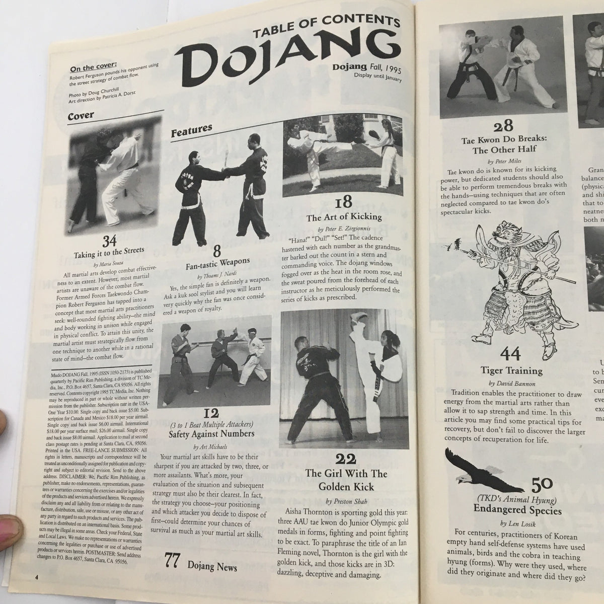 Table of contents from Mudo Dojang Magazine Fall 1995, highlighting articles on martial arts topics such as kicking techniques and multiple attacker strategies.