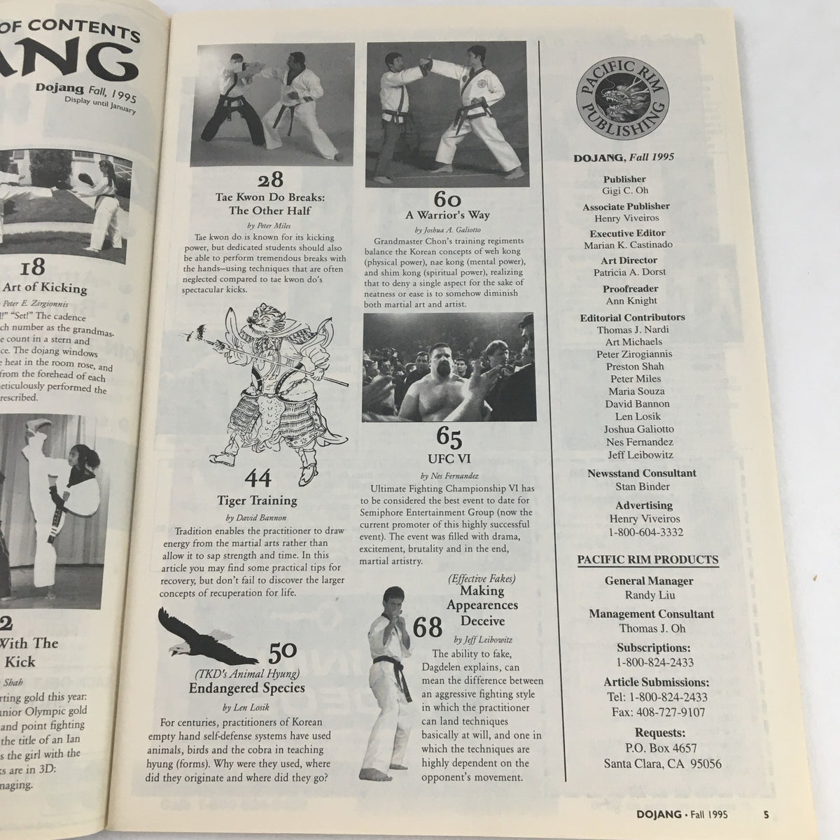 Inside page of Mudo Dojang Magazine Fall 1995 with features on Tae Kwon Do, effective fakes, and UFC VI, highlighting martial arts training and techniques.