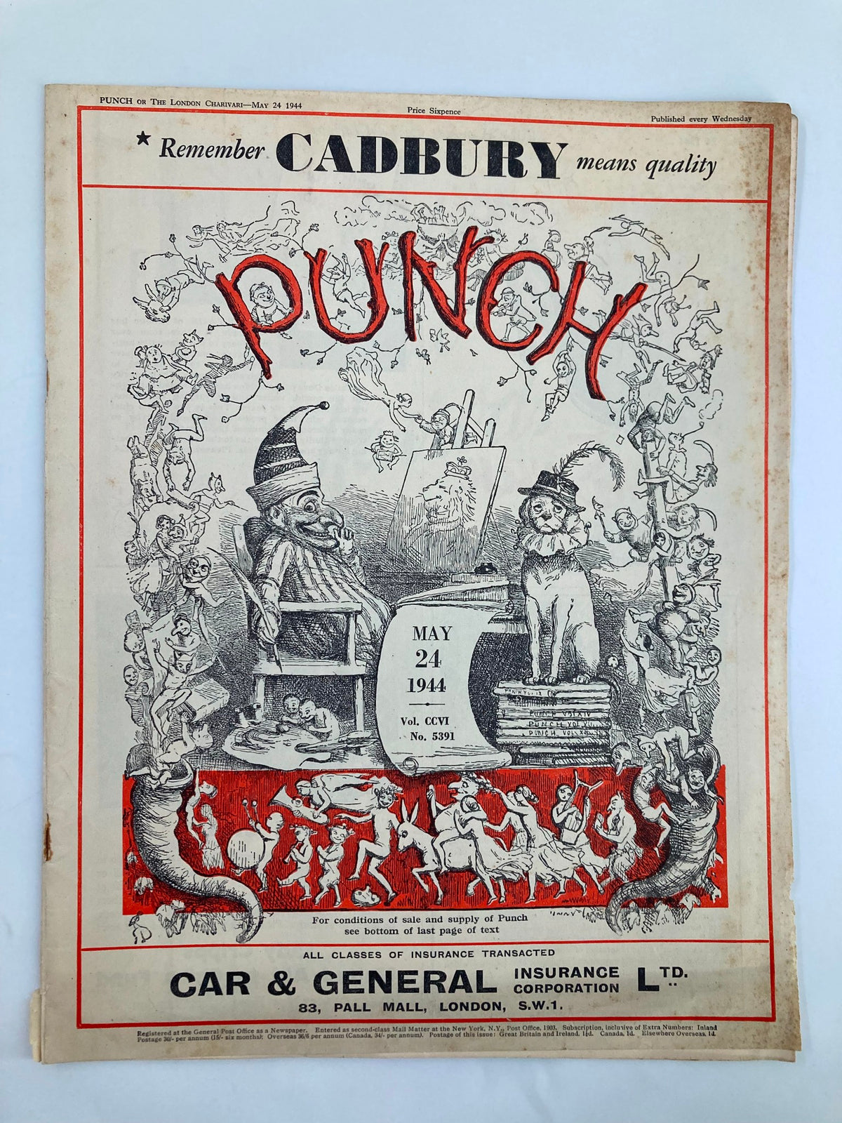Cover of VTG Punch Magazine May 24 1944 #5391 Vol 206 featuring whimsical illustrations and humor related to World War II, perfect for collectors.