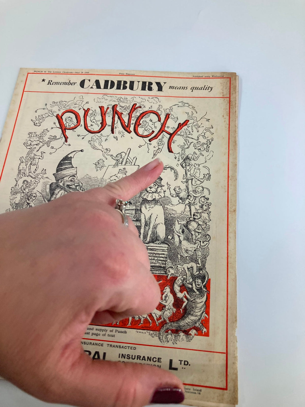 Close-up of the VTG Punch Magazine May 24 1944 #5391 Vol 206 cover, showcasing the title and intricate cartoon artwork characteristic of the period.