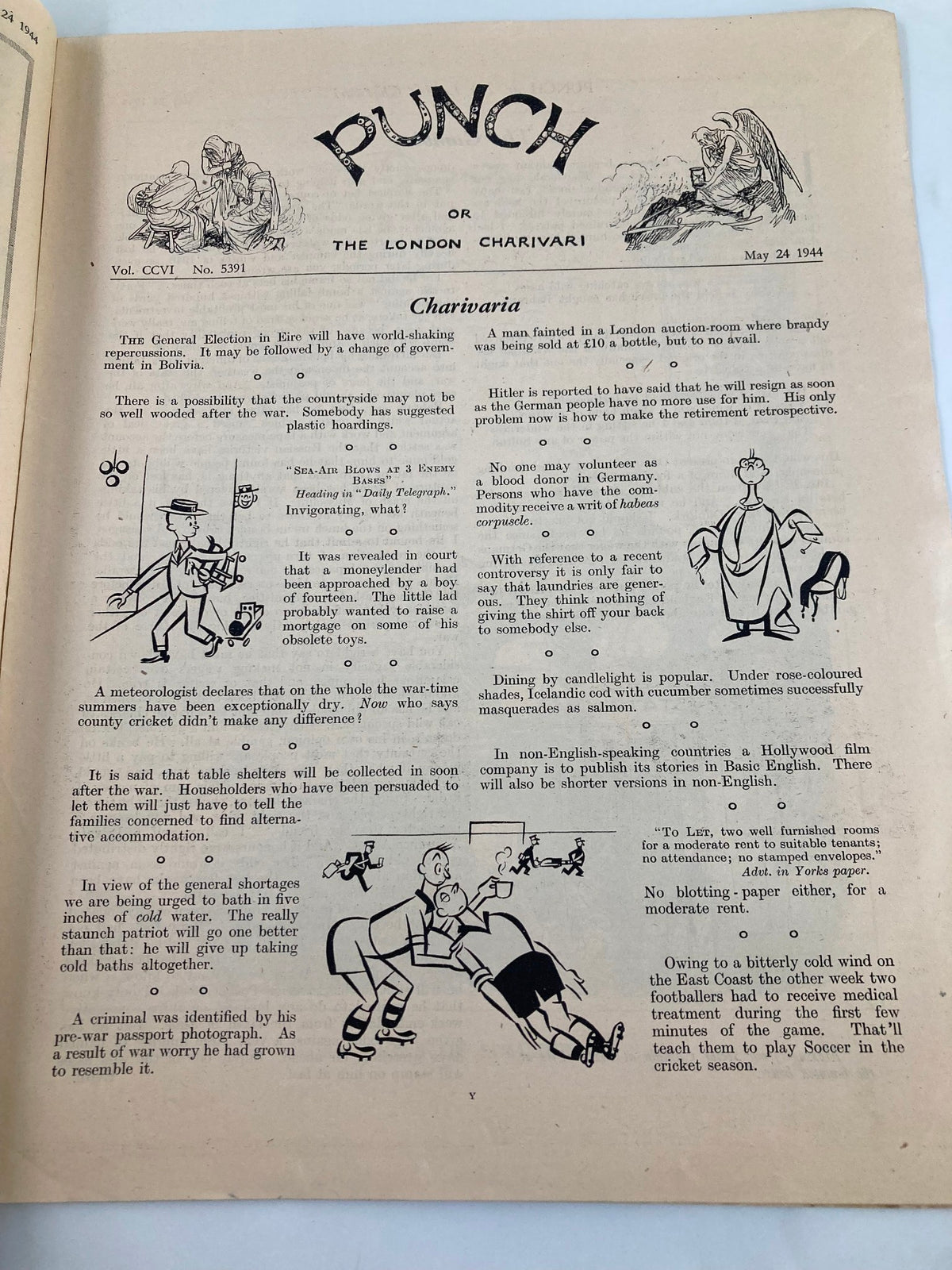 Interior page of VTG Punch Magazine, May 24, 1944 #5391 Vol 206, featuring humorous cartoons and wartime commentary.