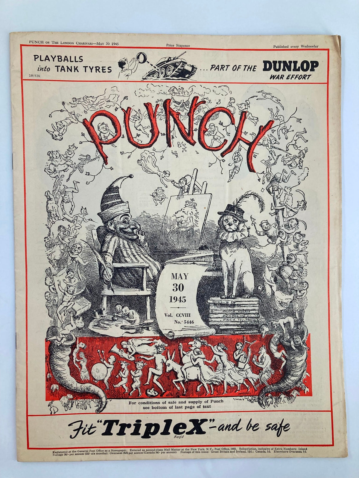 Cover of VTG Punch Magazine May 30 1945 #5446 Volume 208, featuring humorous WWII-themed illustrations and caricatures.