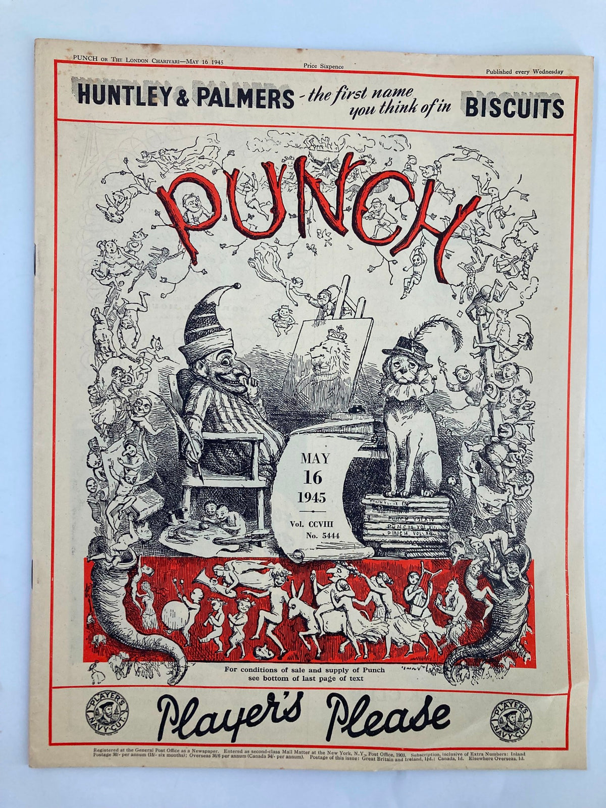 Front cover of the VTG Punch Magazine May 16 1945 #5444 Vol 208 featuring WWII cartoons and humor, showcasing historical satire with vibrant illustrations.