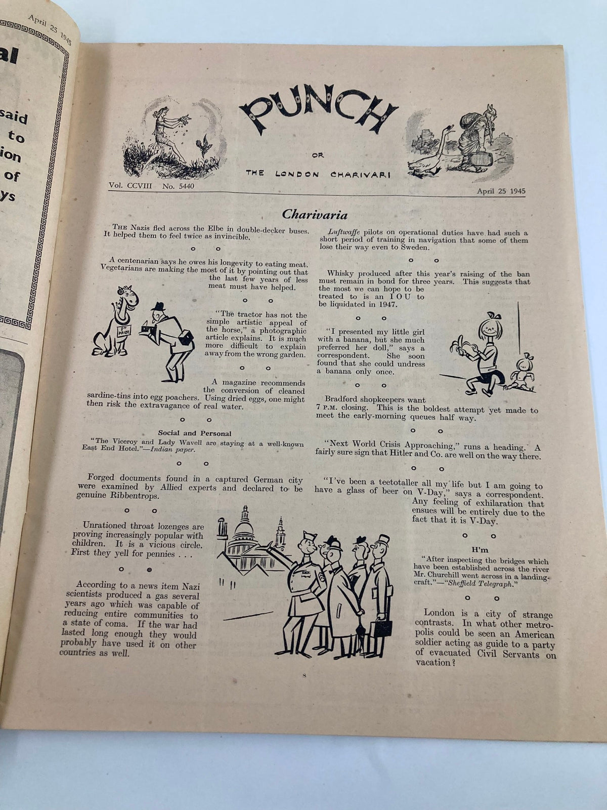 Inside page of VTG Punch Magazine April 25 1945 issue #5440, showcasing witty cartoons and satirical articles reflecting cultural commentary during World War II.