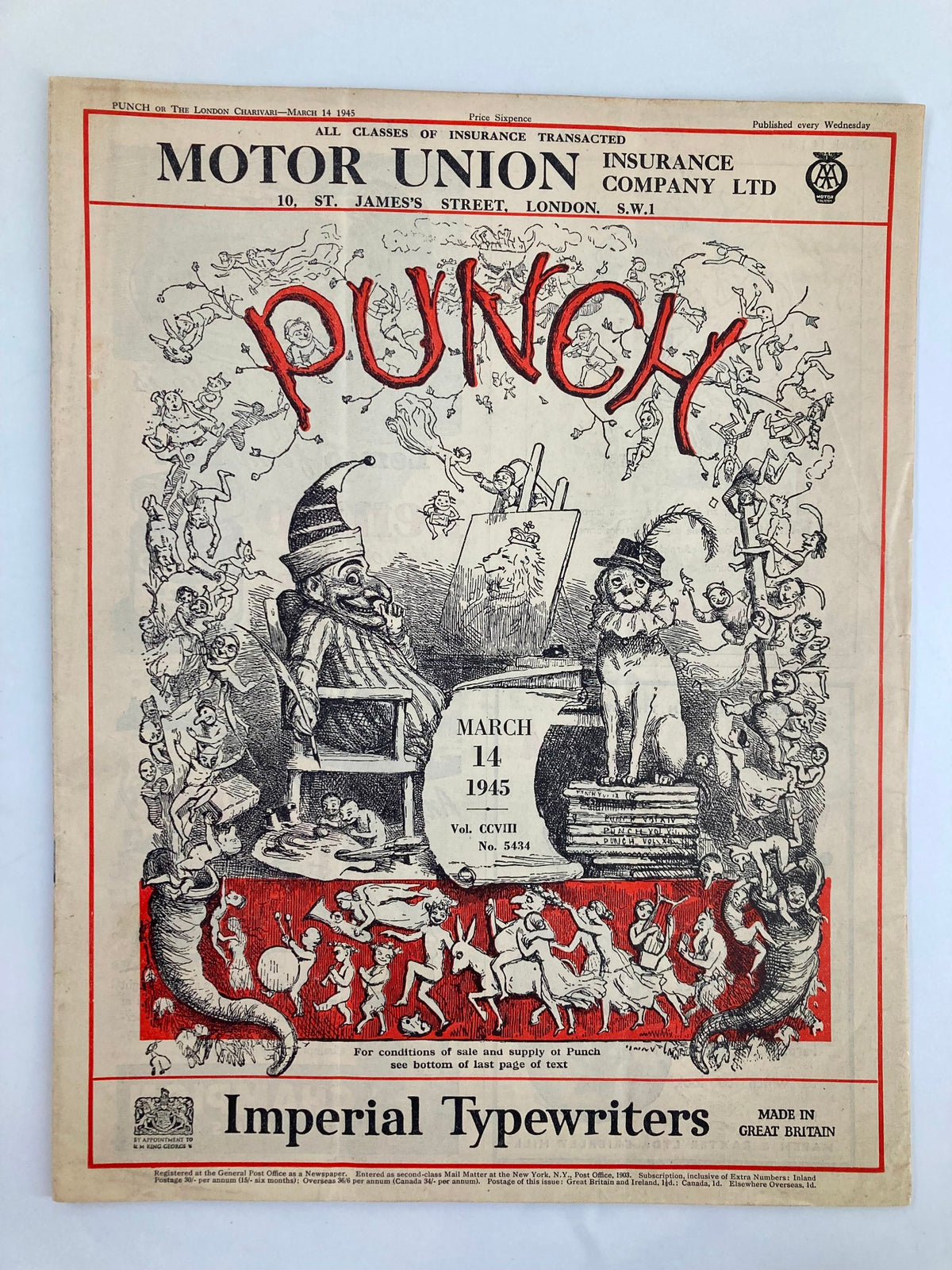 Cover of VTG Punch Magazine March 14 1945 #5434 Vol 208 featuring humorous cartoon illustrations, showcasing the classic 1940s style.