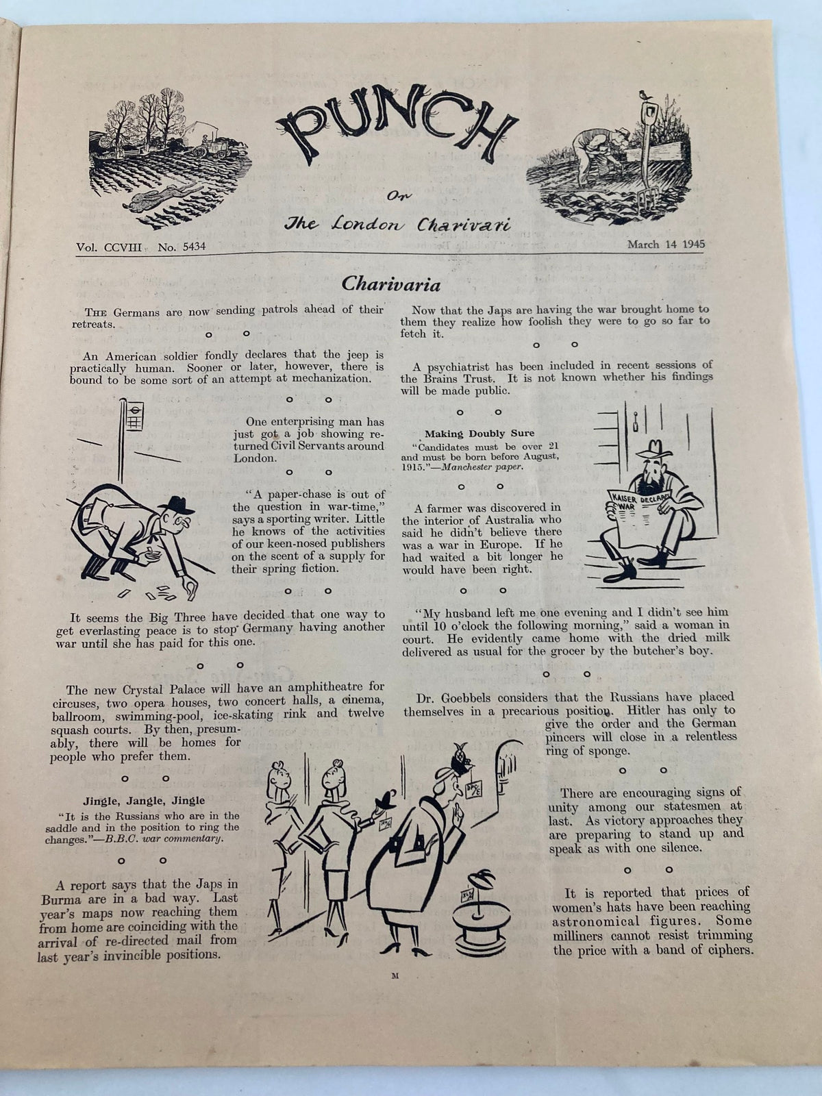 Interior page of VTG Punch Magazine March 14 1945 #5434 Vol 208, displaying witty articles and cartoons capturing wartime humor.