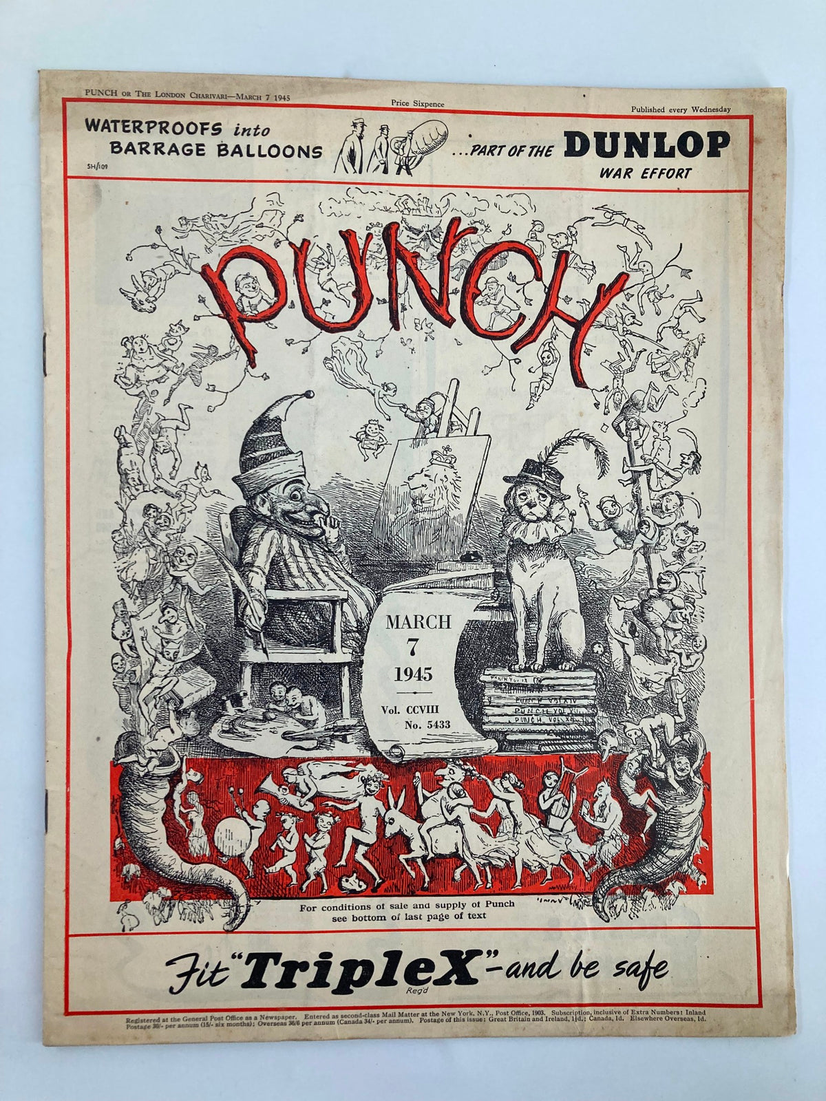 Cover of VTG Punch Magazine March 7 1945 #5433 Vol 208 featuring World War II themed cartoons and illustrations.