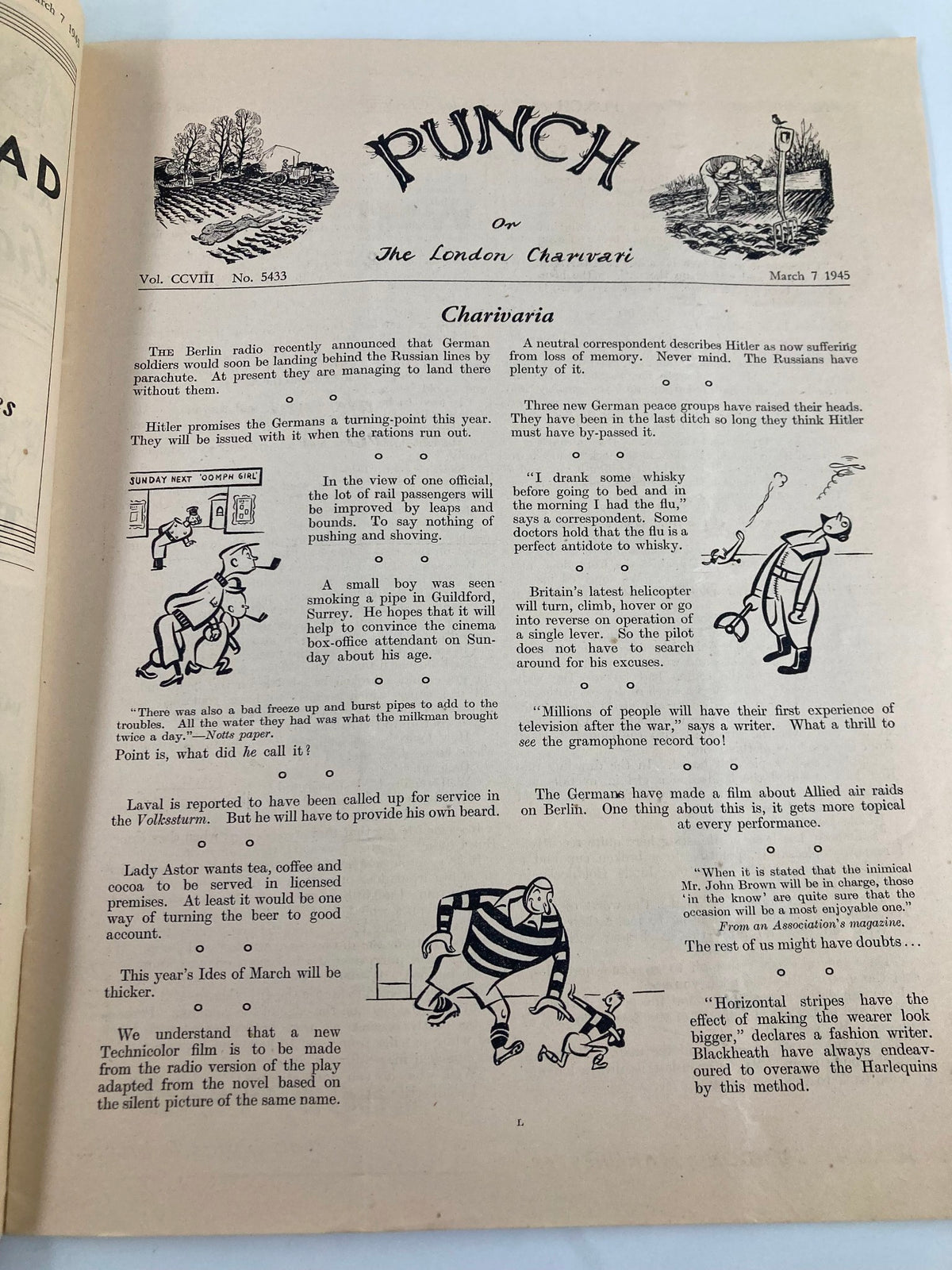 Interior page of VTG Punch Magazine March 7 1945 #5433 Vol 208 showcasing articles and humor reflective of the wartime era.