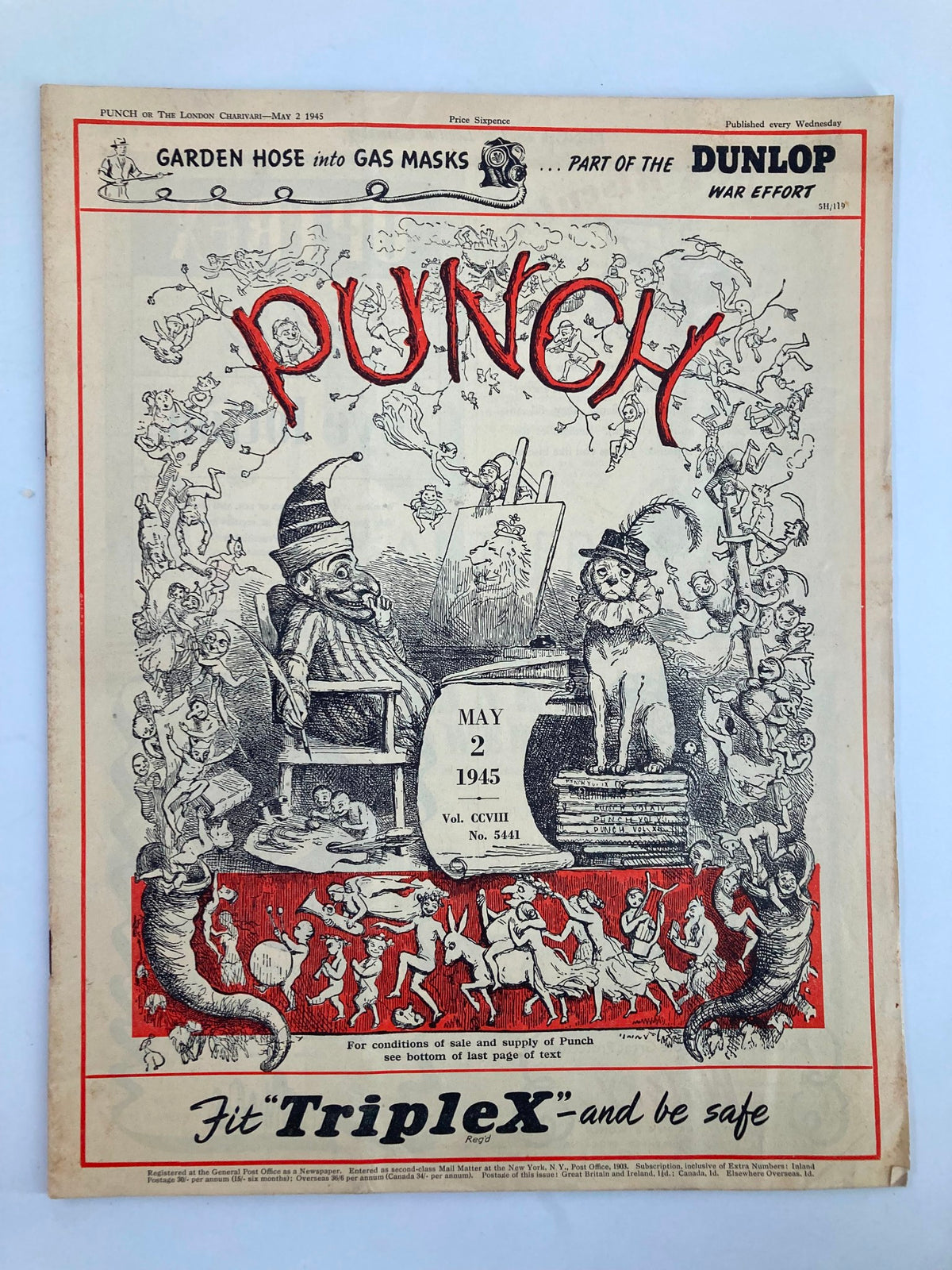 Cover of VTG Punch Magazine from May 2, 1945, issue #5441, Volume 208, featuring WWII cartoon illustrations and humor.