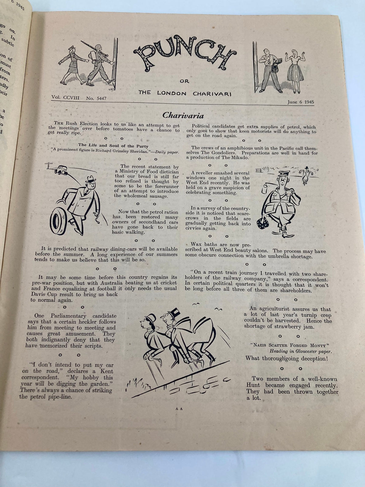 Interior page of VTG Punch Magazine June 6 1945, showcasing witty commentary and humorous illustrations related to wartime society.