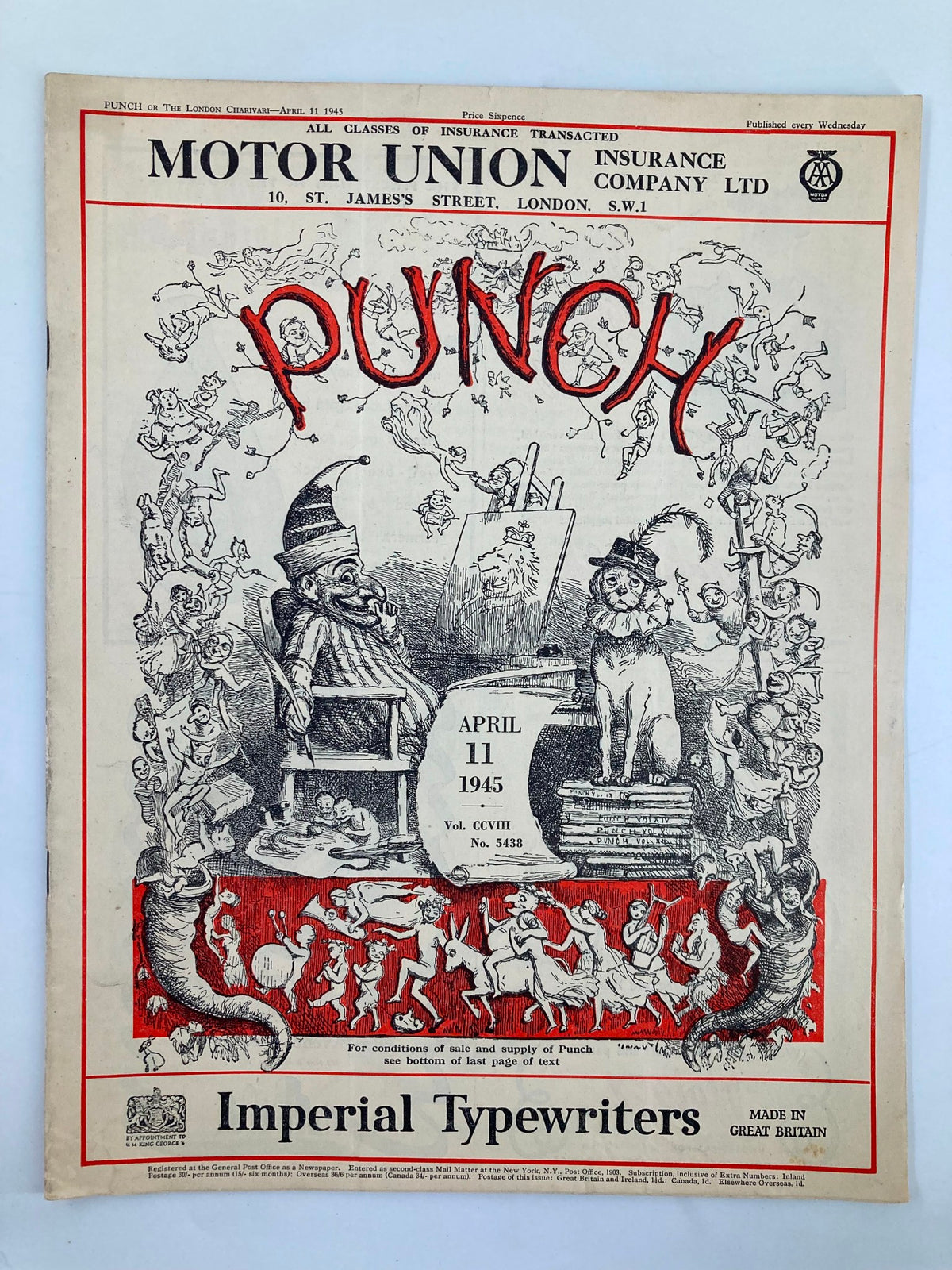 VTG Punch Magazine from April 11, 1945, issue #5438, Volume 208 featuring WWII-themed cartoons and humor, showcasing a colorful cover with whimsical illustrations.