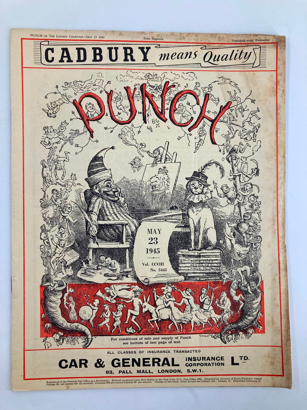 VTG Punch Magazine May 23 1945, featuring a whimsical cover illustration with cartoon characters celebrating WWII humor, Volume 208, Issue 5445, a collectible piece of history.