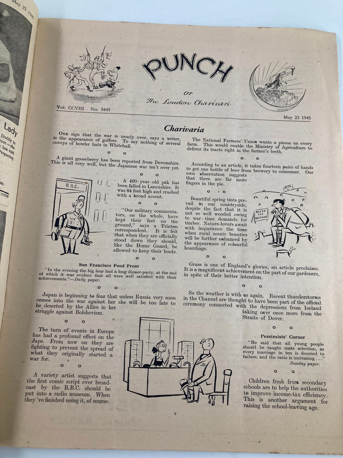 Illustration from VTG Punch Magazine May 23 1945 showcasing humorous cartoons related to World War II, featuring characters in comedic wartime scenarios and a title header.