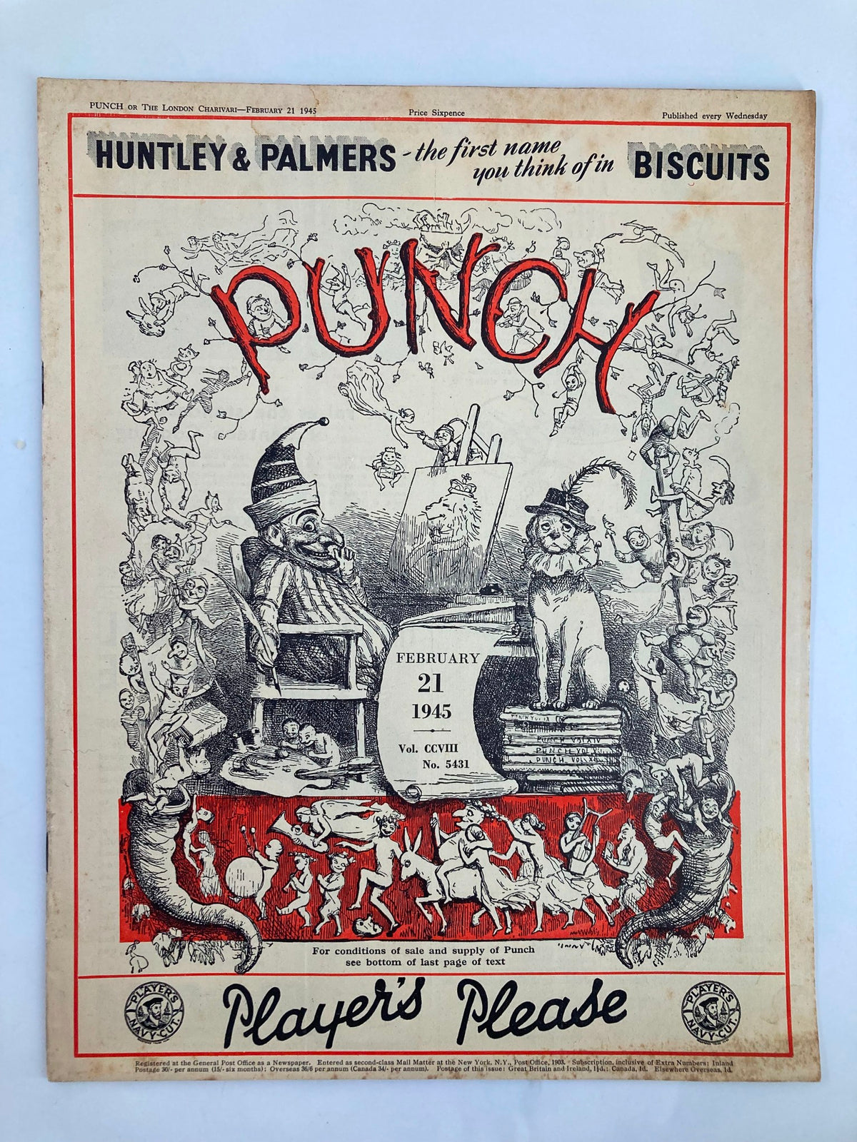 Cover of VTG Punch Magazine February 21 1945, featuring whimsical illustrations and humor typical of WWII satire, including a jester, animals, and various cartoons.