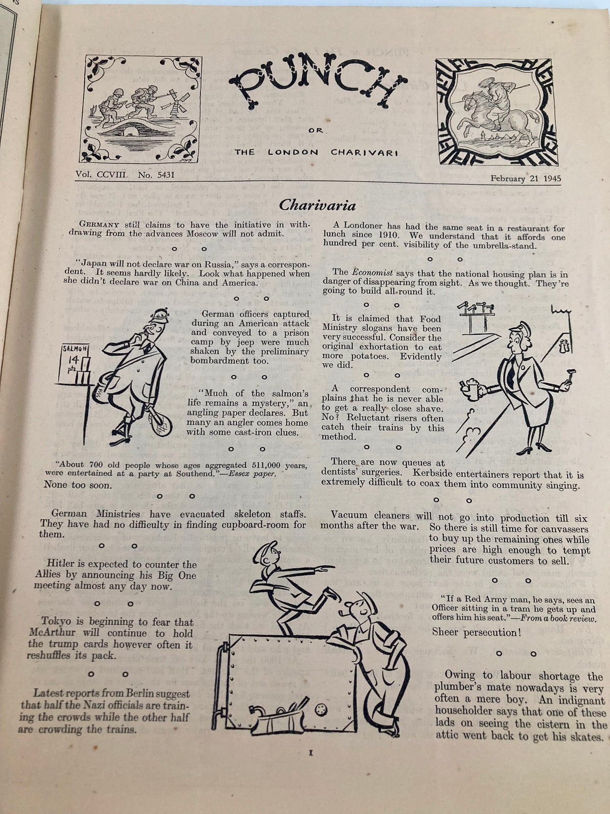 Inside page of VTG Punch Magazine February 21 1945 featuring humorous articles and cartoons from World War II era, showcasing the unique satire and charm of the publication.