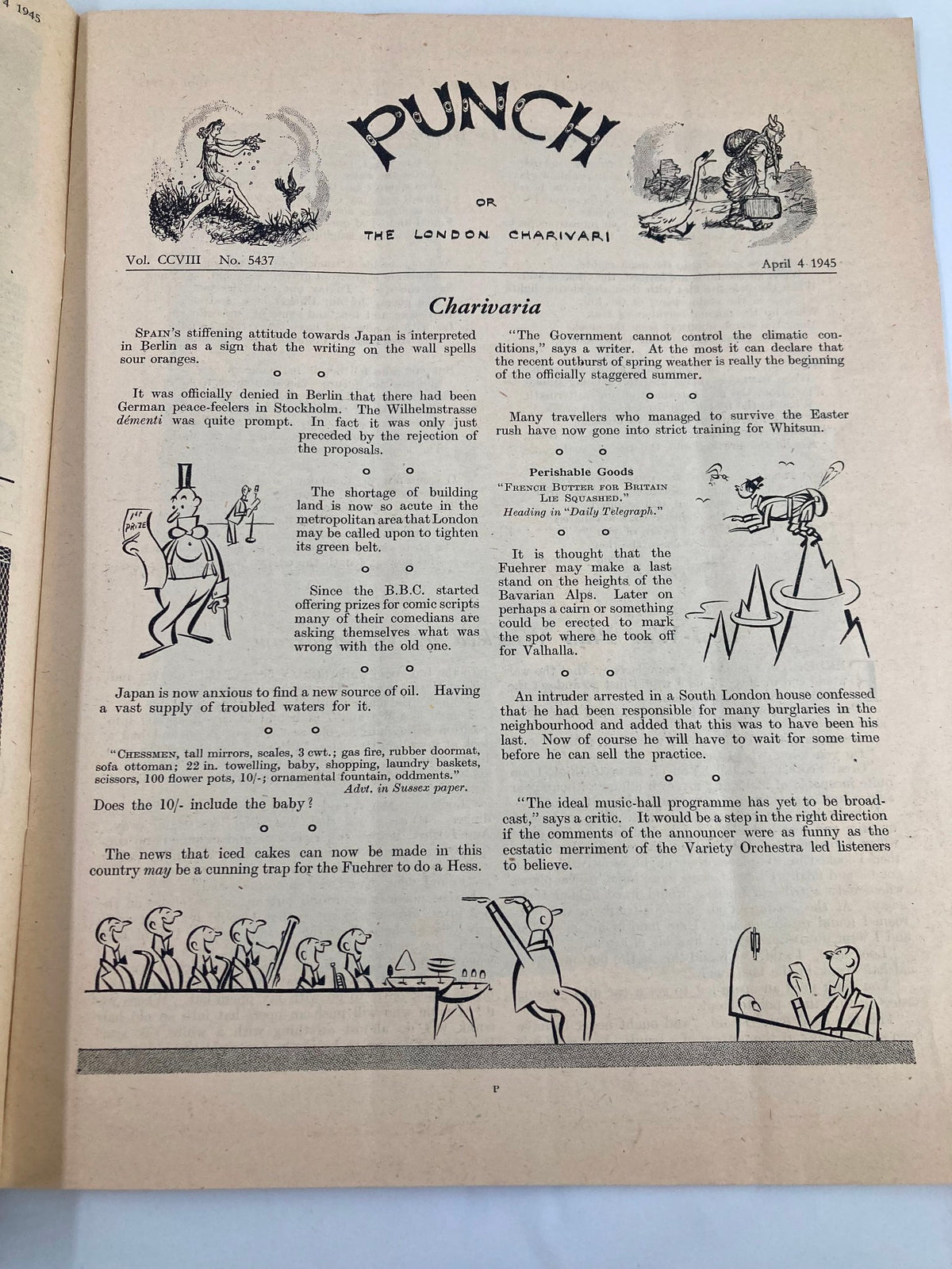 Inside page of VTG Punch Magazine April 4 1945, Issue #5437, showcasing satirical articles and humorous illustrations reflecting social attitudes during World War II.