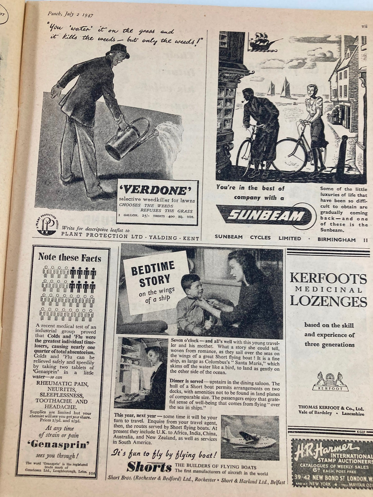 Interior page of VTG Punch Magazine from July 2, 1947, showcasing advertisements and illustrations reflective of the post-war period humor.