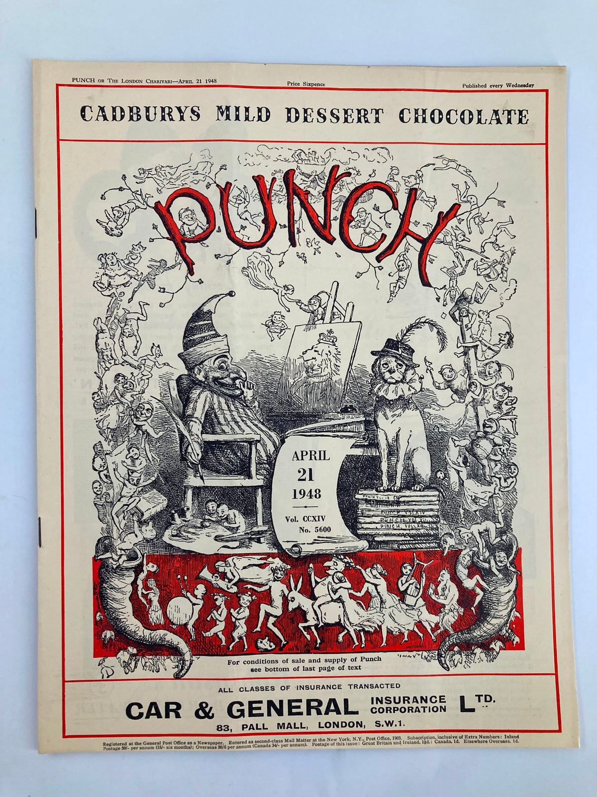VTG Punch Magazine April 21 1948 cover featuring illustrations and humor reflective of WWII era, issue number 5600, Volume 214, with the title prominently displayed.
