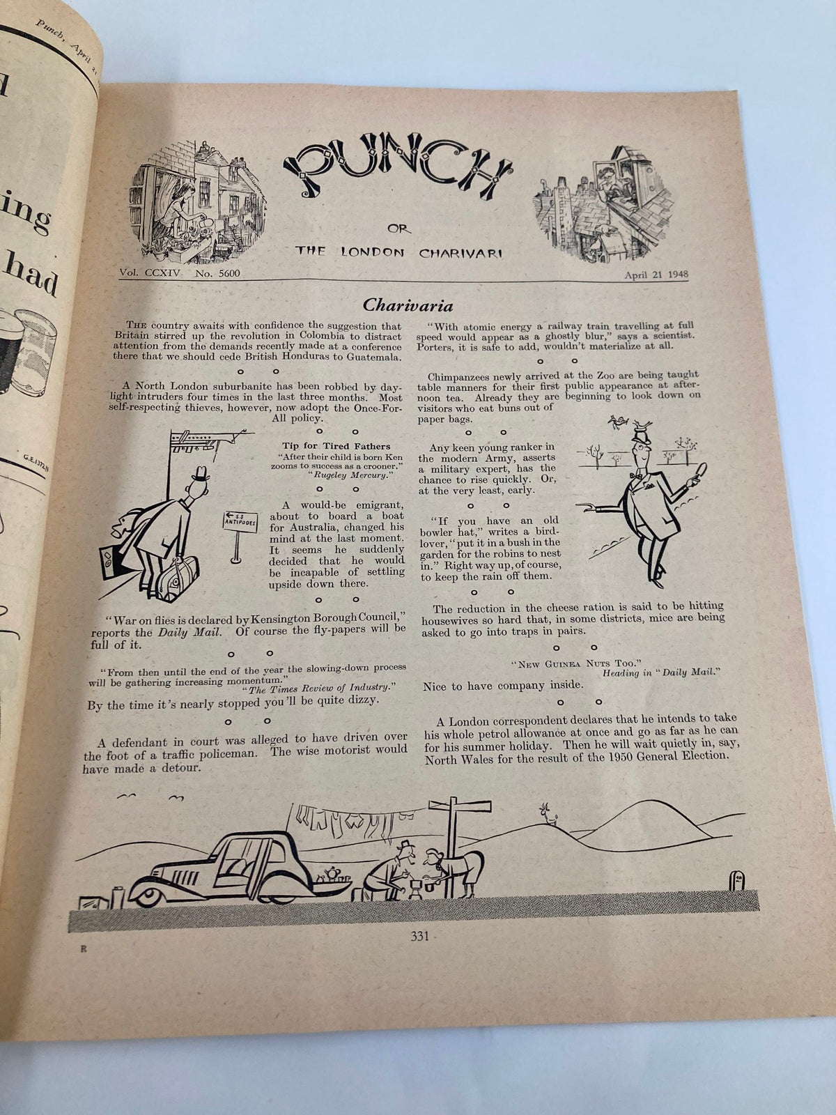 Inside page of VTG Punch Magazine April 21 1948 showcasing articles and cartoons from issue number 5600, Volume 214, highlighting the magazine's vintage charm.