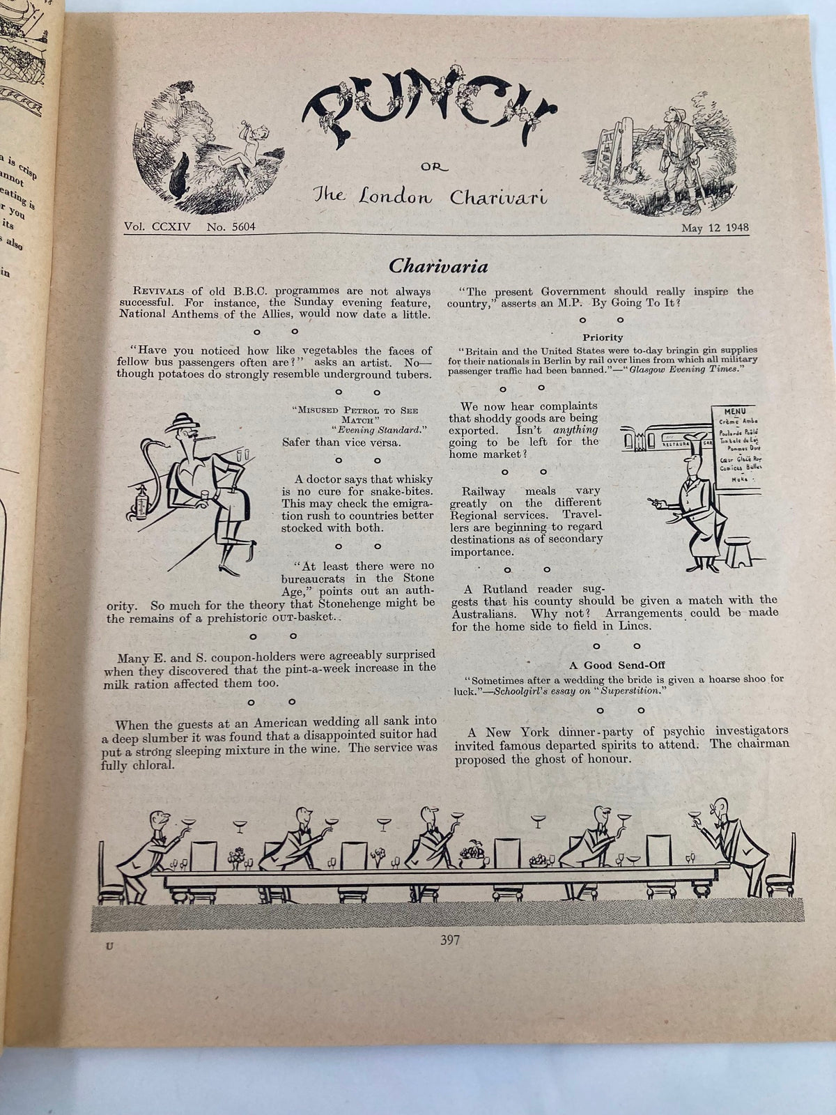 Interior page of VTG Punch Magazine, May 12, 1948, issue number 5604, featuring a humorous article and engaging illustrations reflective of post-war British humor.