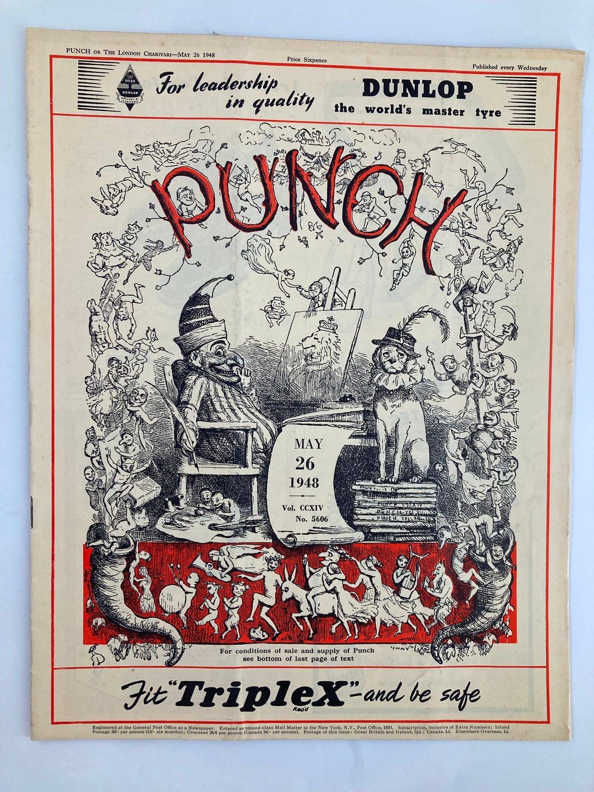 VTG Punch Magazine May 26 1948 cover featuring whimsical cartoons and humorous illustrations, issue number 5606, Volume 214, showcasing post-World War II satire.