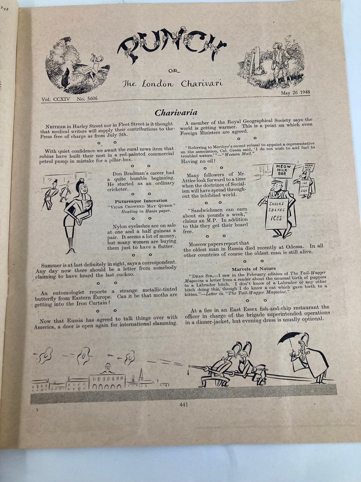 Interior page of VTG Punch Magazine May 26 1948 displaying witty commentary and cartoons, highlighting the humor from the era with issue number 5606.