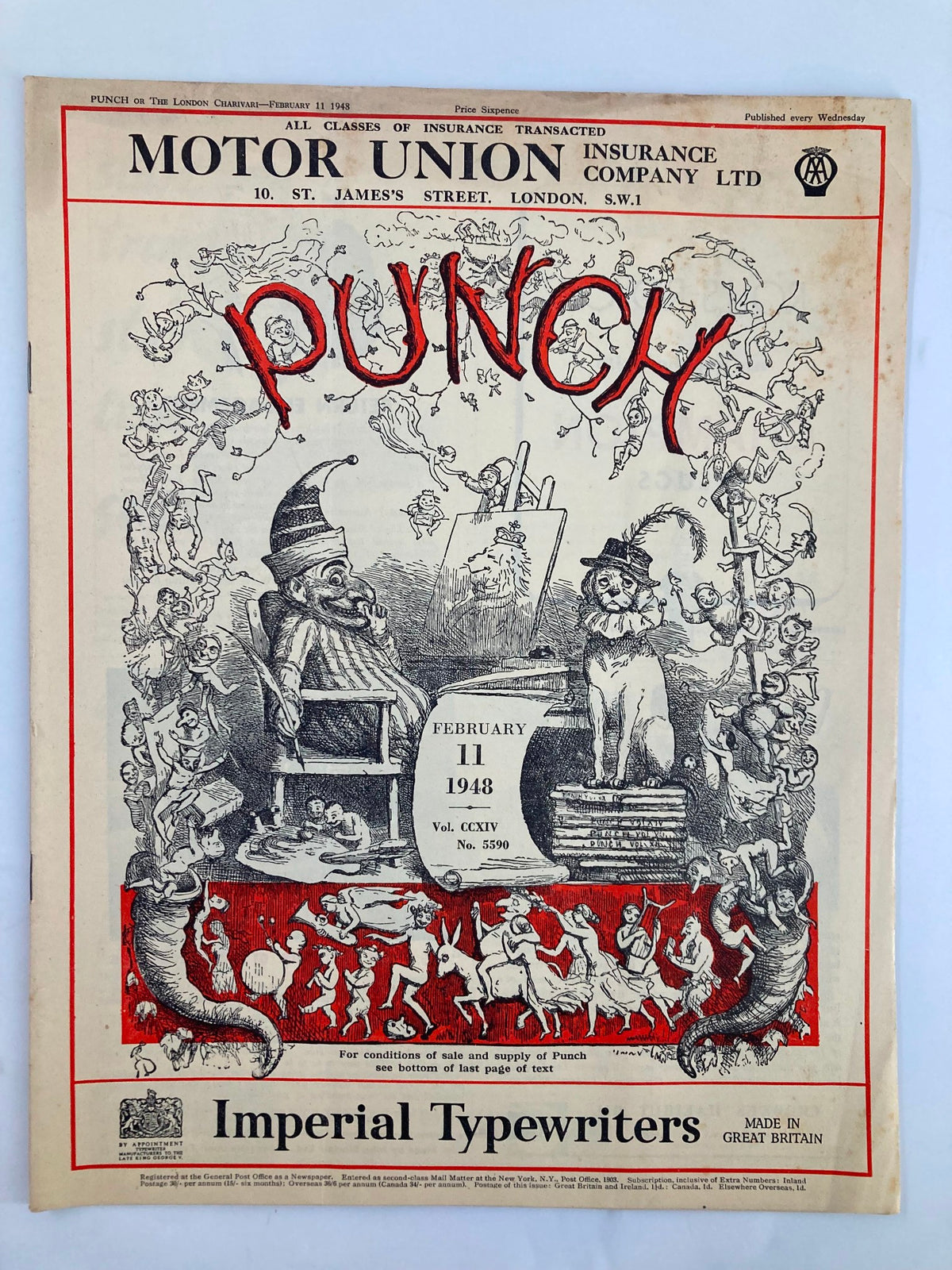 Cover of VTG Punch Magazine February 11, 1948, issue #5590, featuring whimsical illustrations and comedic themes reflective of WWII humor.