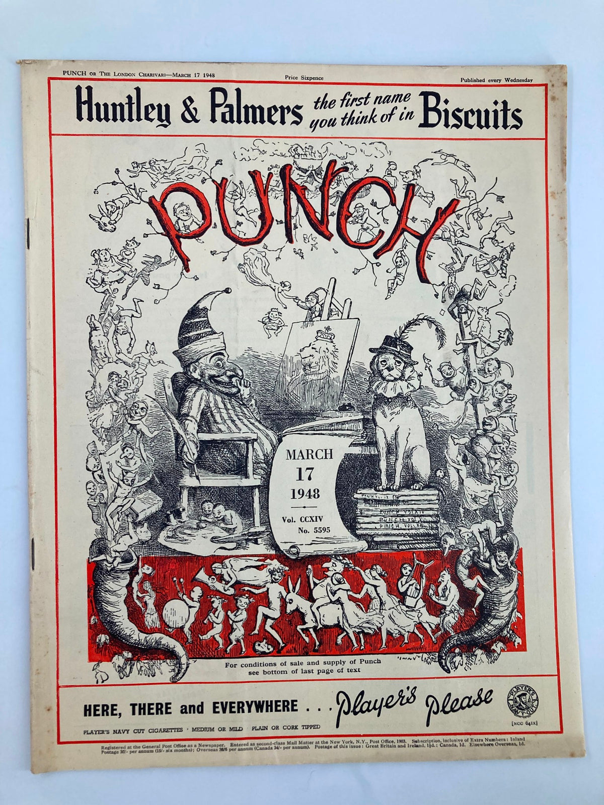 Cover of the VTG Punch Magazine dated March 17, 1948, Volume CCXIV No. 5595, showcasing a colorful illustration featuring whimsical characters and humor related to post-World War II society.