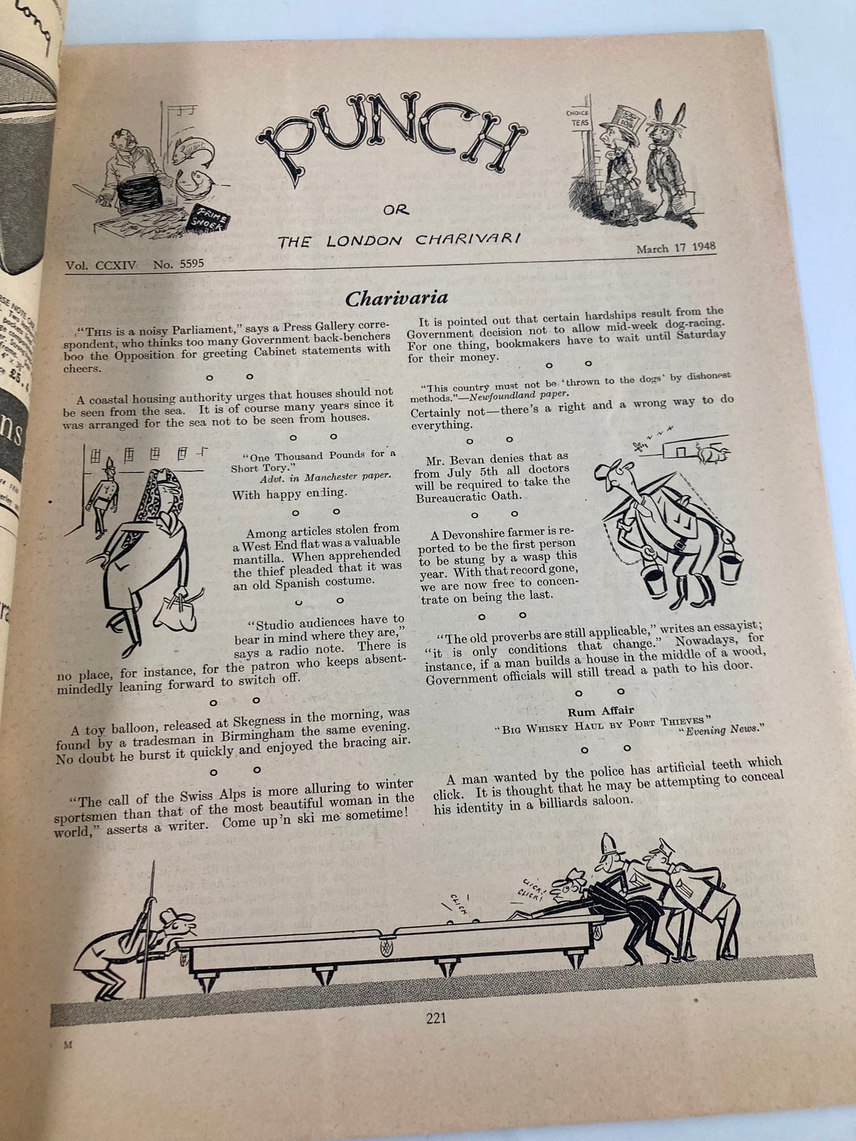 Interior page of the VTG Punch Magazine from March 17, 1948, Volume CCXIV No. 5595, displaying witty cartoons and commentary reflective of the sociopolitical climate of the late 1940s.
