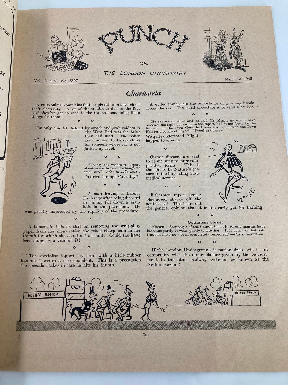 Interior page of VTG Punch Magazine March 31 1948 #5597 Vol 214 showcasing cartoon art and satirical commentary reflective of the period.
