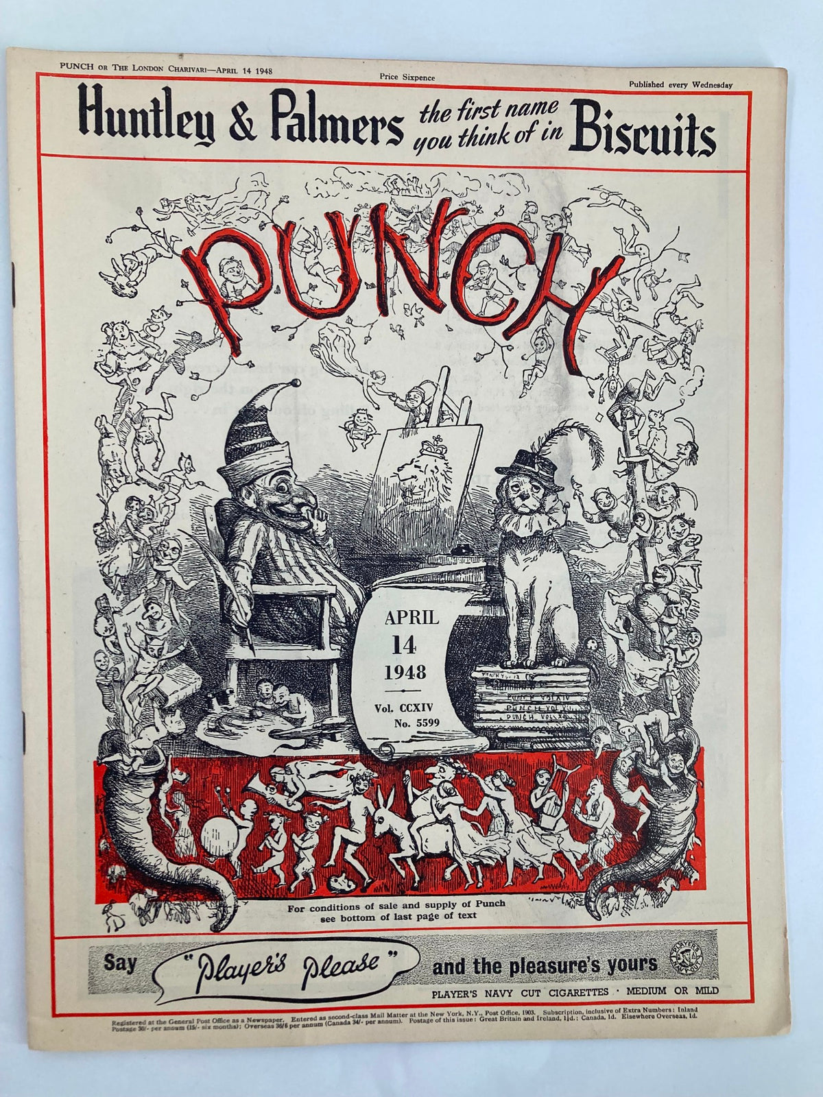 Cover of VTG Punch Magazine April 14 1948, Issue No. 5599, featuring whimsical illustrations and the iconic title 'PUNCH', showcasing humor from the post-WWII era.
