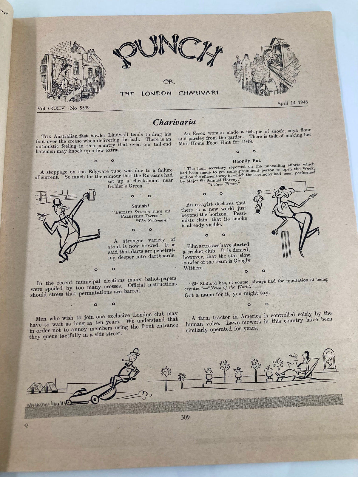 Interior page of VTG Punch Magazine April 14 1948, Issue No. 5599, displaying satirical content and cartoons typical of the publication's comedic style.