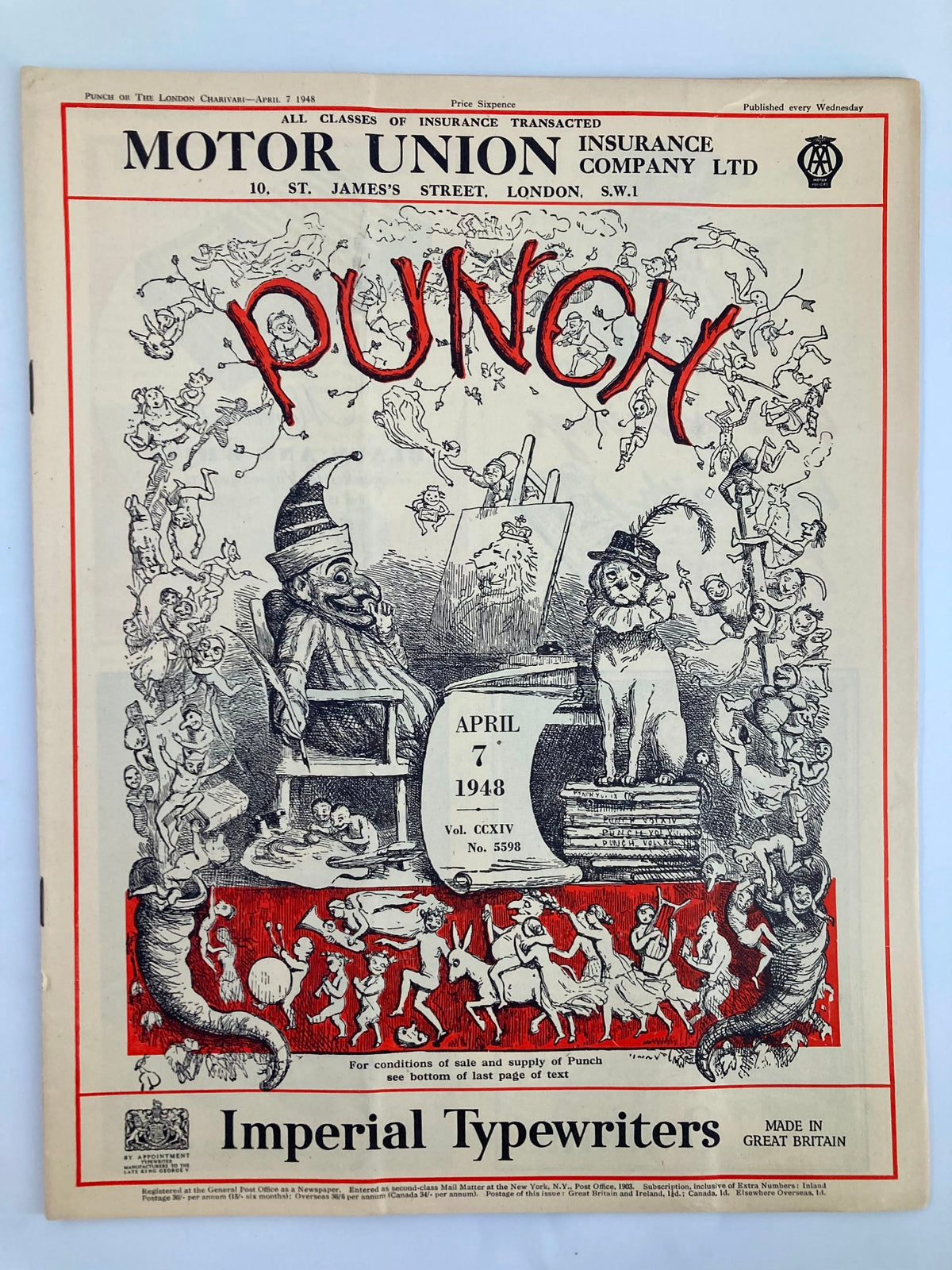 VTG Punch Magazine April 7 1948 Cover featuring humorous artwork and illustrations from issue #5598, showcasing WWII-era cartoons and satire.