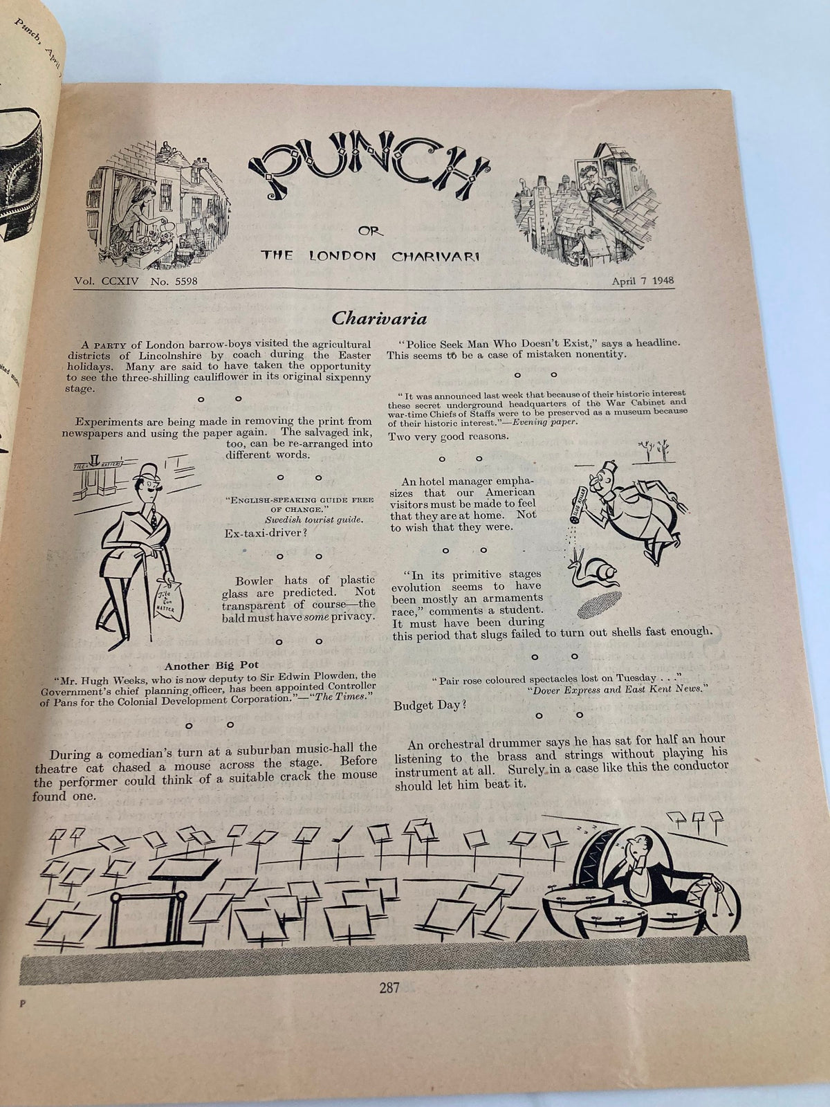 Inside page of VTG Punch Magazine from April 7 1948, Vol. CCXXIV, No. 5598, displaying printed content and cartoon illustrations highlighting humor from the post-war era.