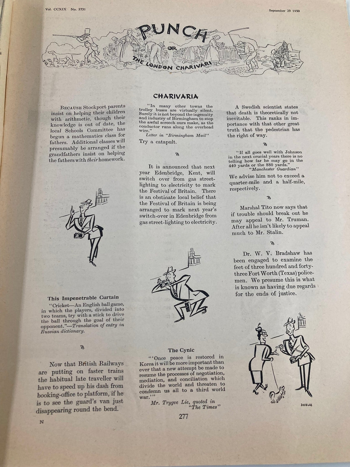 Interior page of VTG Punch Magazine September 20, 1950, Issue #5731, featuring humorous editorial cartoons and charivari, reflecting the comedic style of the post-war era.