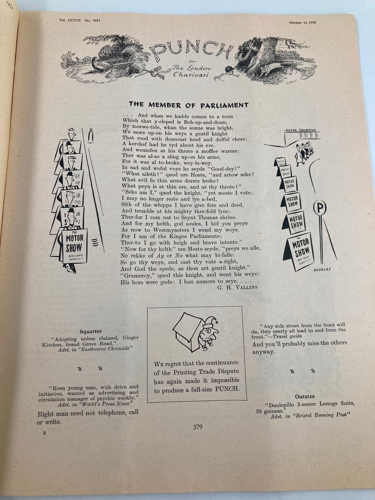 Interior page of VTG Punch Magazine October 18 1950 #5735 Vol 219 showcasing a humorous article titled 'The Member of Parliament' with vintage typography and cartoon illustrations.