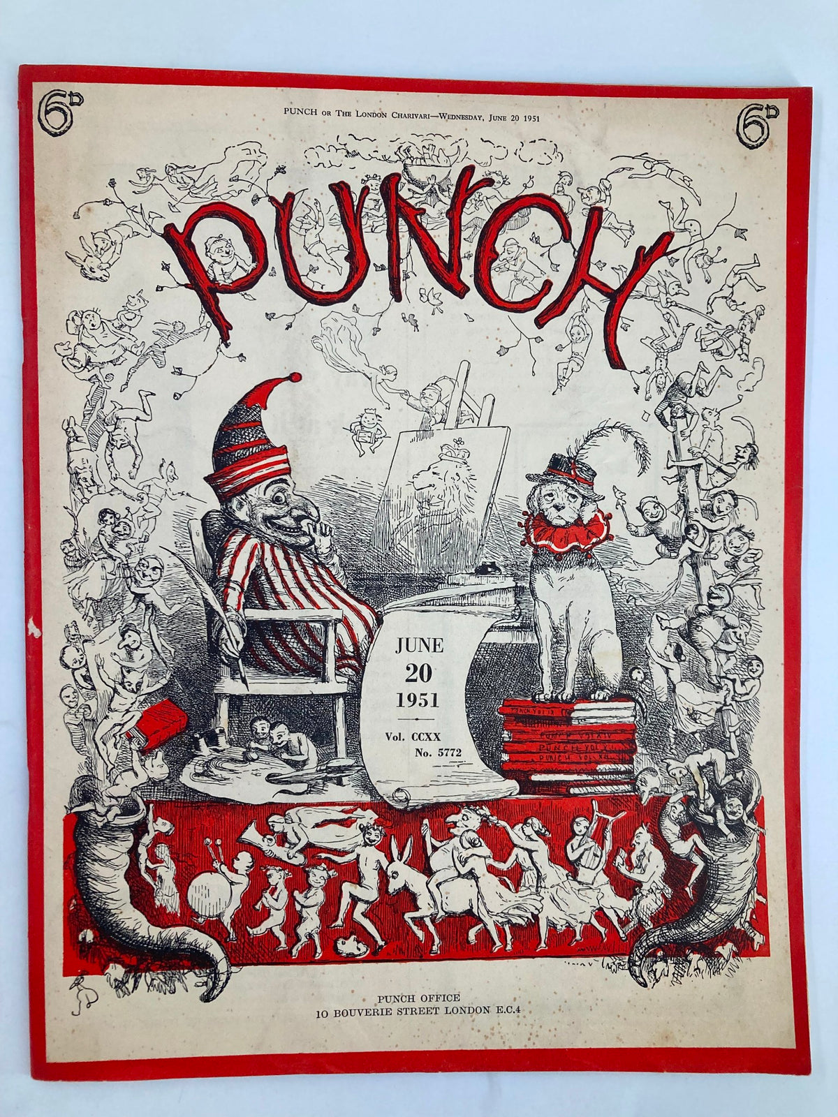 Cover of the VTG Punch Magazine from June 20, 1951, issue number 5772, showcasing whimsical cartoon illustrations with a clown figure, playful motifs, and humorous sketches reflective of WWII culture.