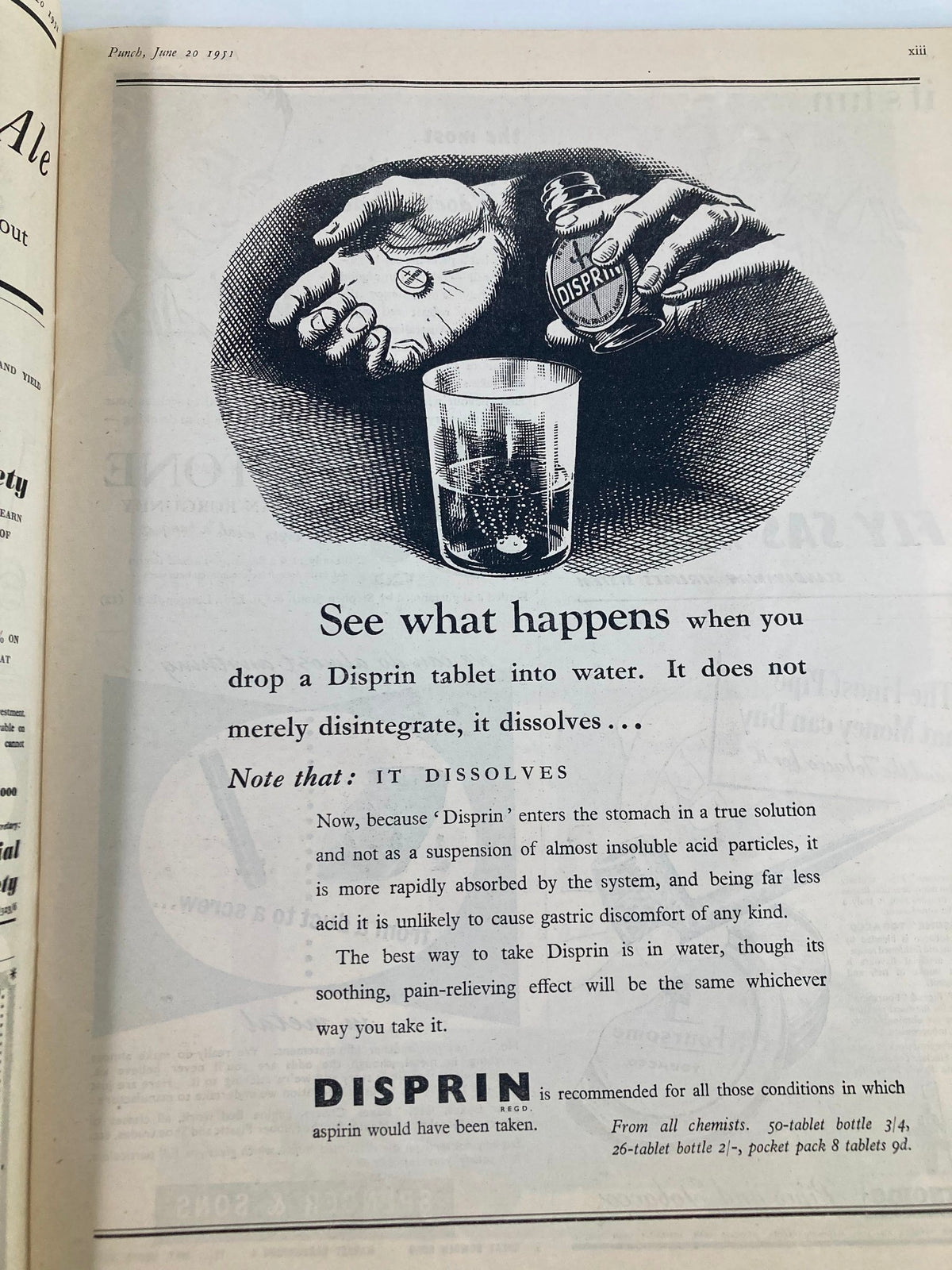 Illustration from VTG Punch Magazine June 20 1951 showing hands holding a Disprin tablet and a bottle, with a glass of water, depicting the dissolution of the tablet.