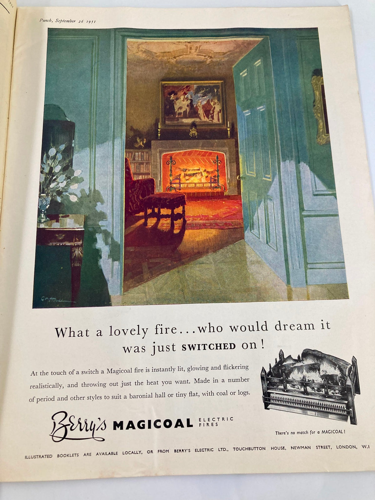 Interior page from VTG Punch Magazine September 26 1951 displaying an advertisement for Berry's Magical Electric Fires, with a cozy fireplace scene and vintage design.
