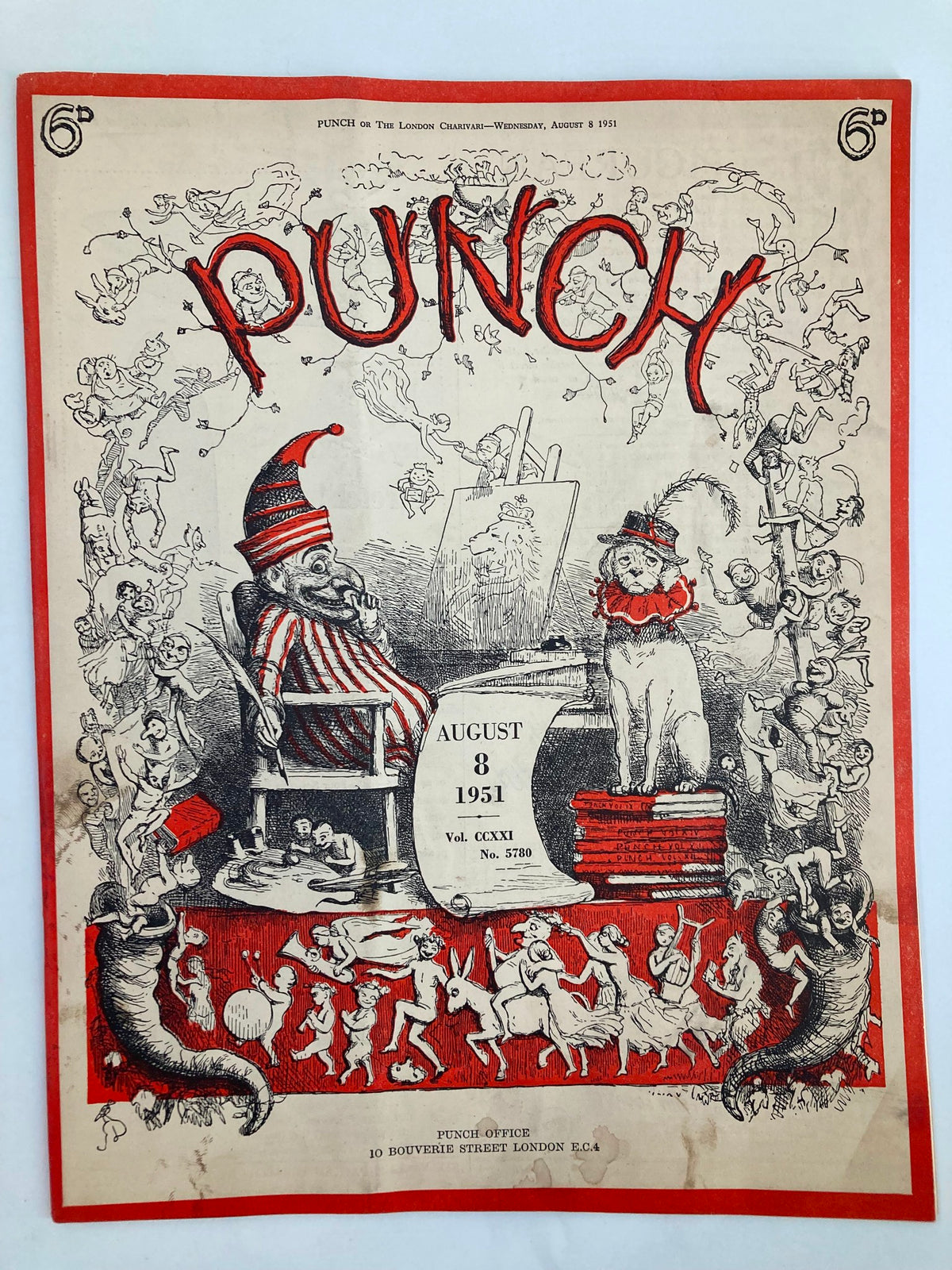 Cover of VTG Punch Magazine August 8 1951, No. 5780, Vol 221 featuring whimsical illustrations and comic art from the WWII era.
