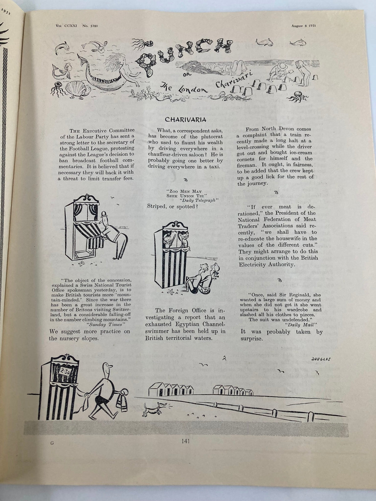 VTG Punch Magazine August 8 1951, featuring cartoons and humor, with a focus on World War II satire. The page includes illustrations and articles, showcasing the publication's vintage appeal and historical significance.