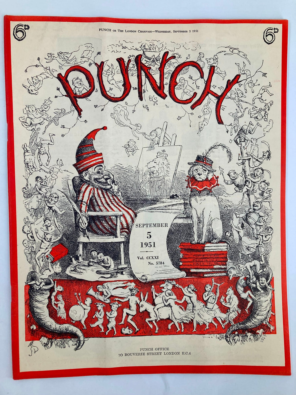 Vintage Punch Magazine cover from September 5, 1951, featuring whimsical cartoons and humor related to World War II, highlighted by a clown and various playful illustrations.