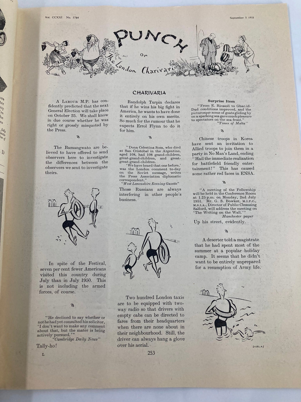 Interior page of the Vintage Punch Magazine dated September 5, 1951, showcasing humorous commentary and cartoons depicting social commentary from that era.